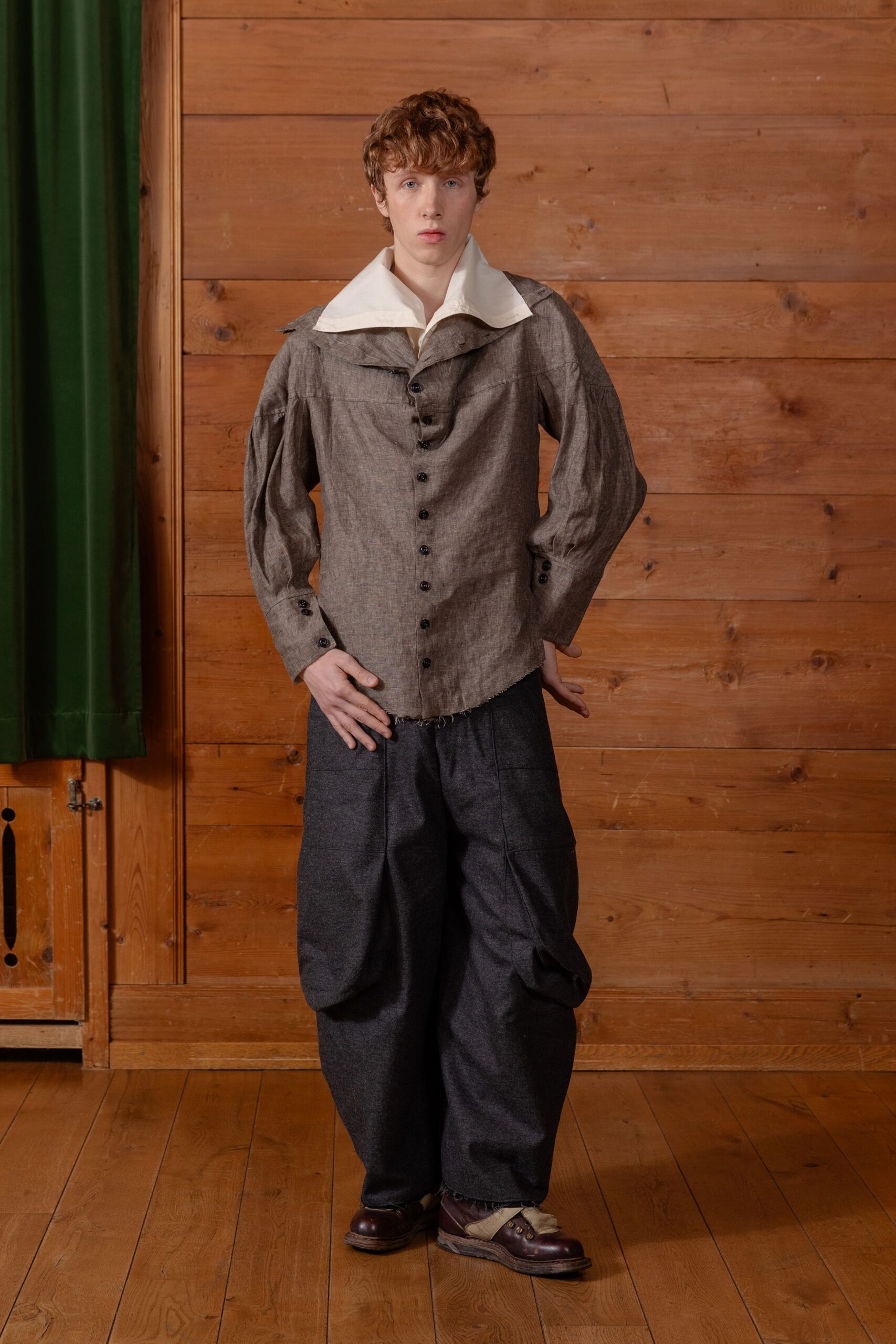 brown cotton shirt with blue pants