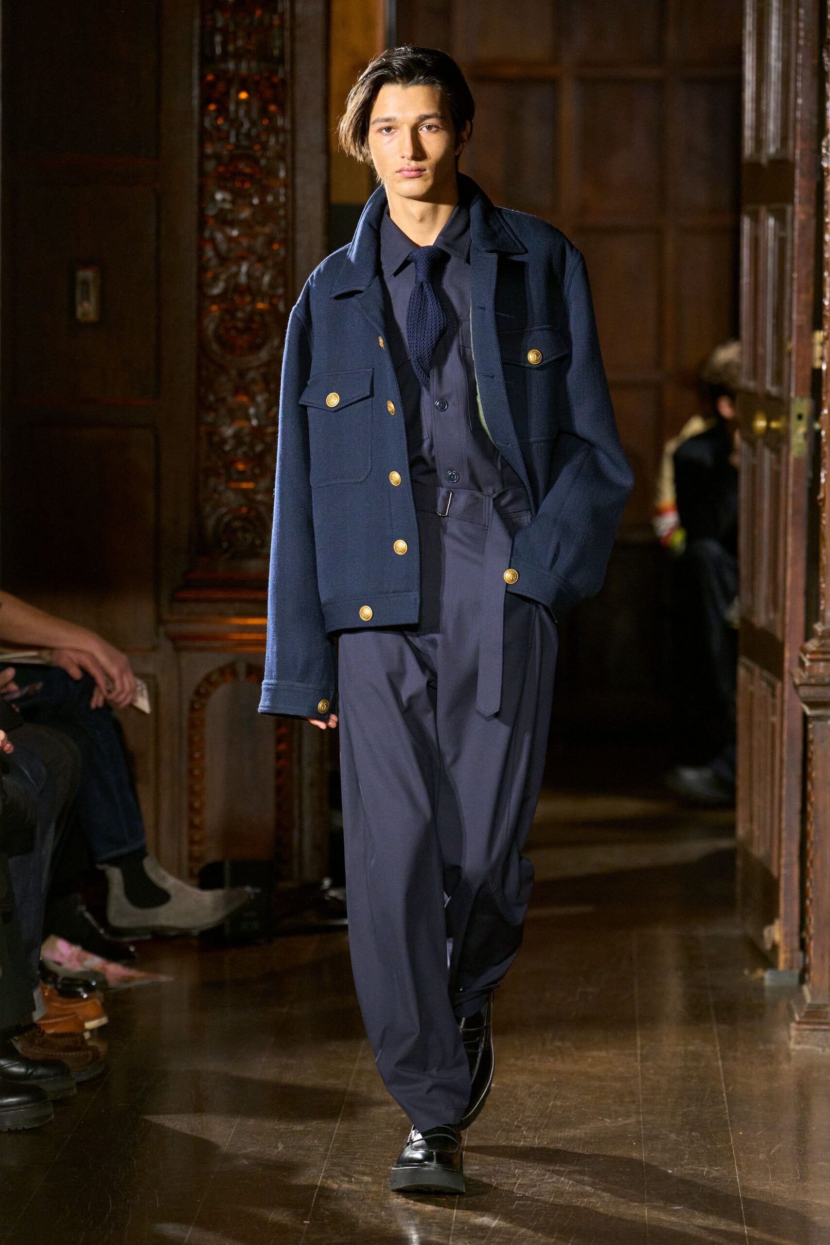 blue cotton tailored straight-leg pants