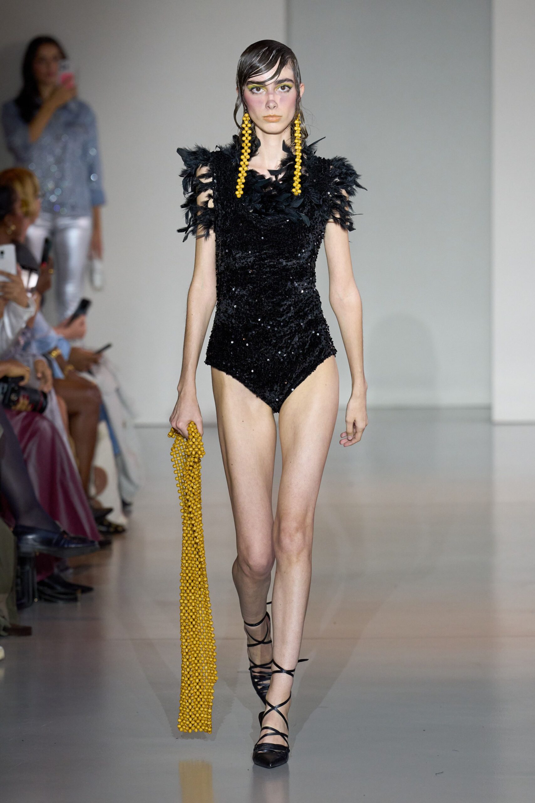 black sequin sleeveless fitted ruffled shiny bodysuit