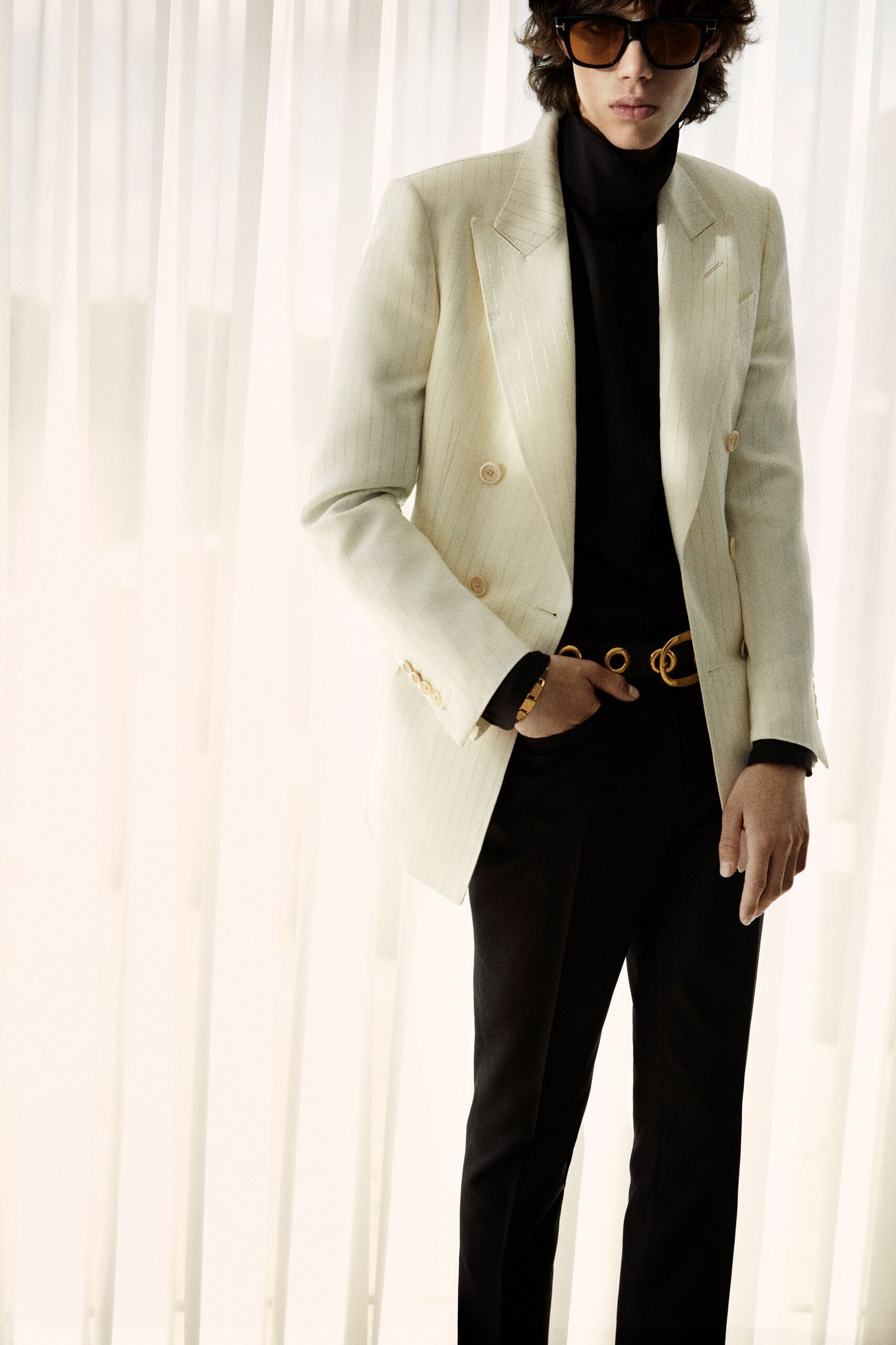 beige cotton long-sleeve collared tailored striped blazer