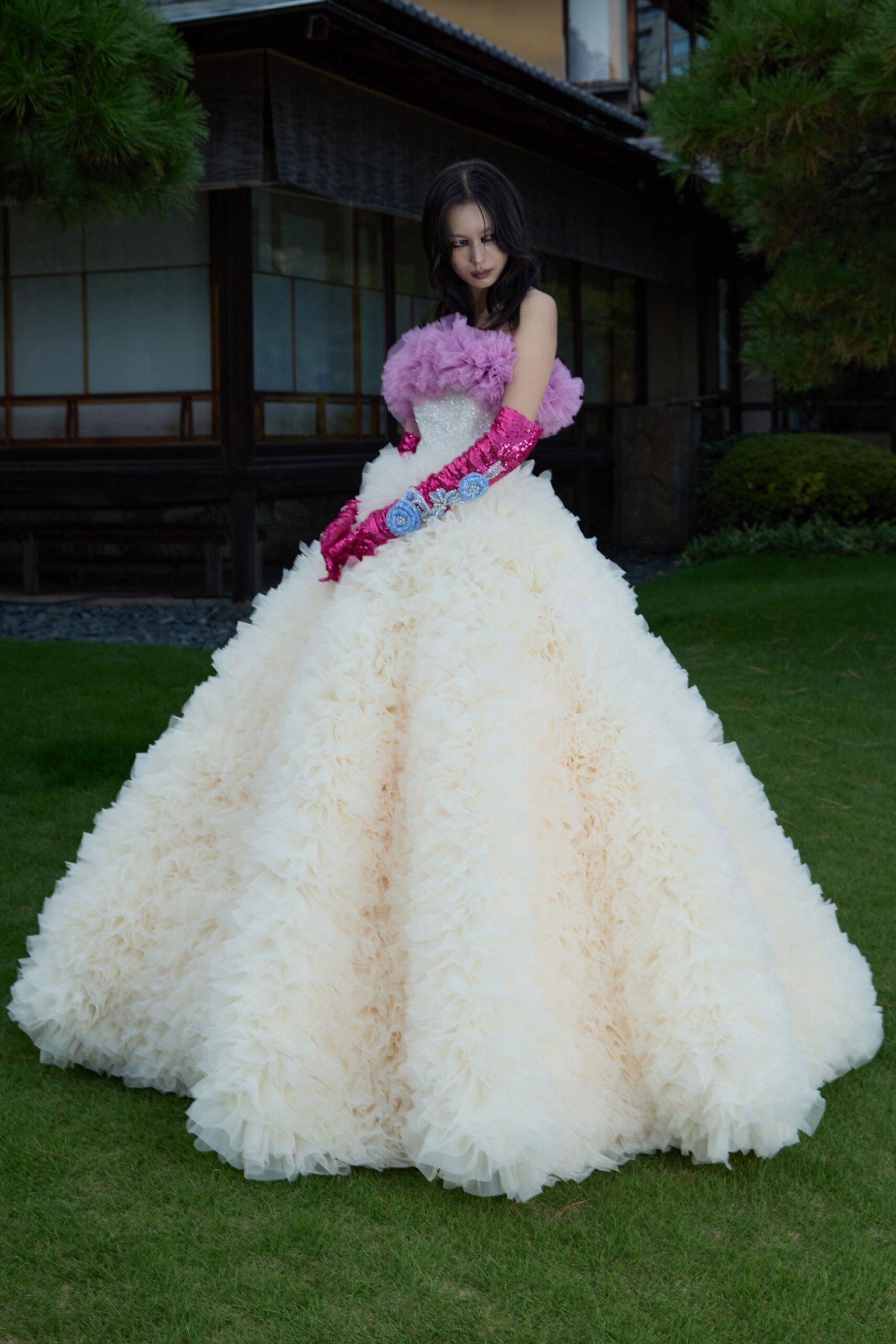 ivory tulle sleeveless fitted tiered flowing maxi gown