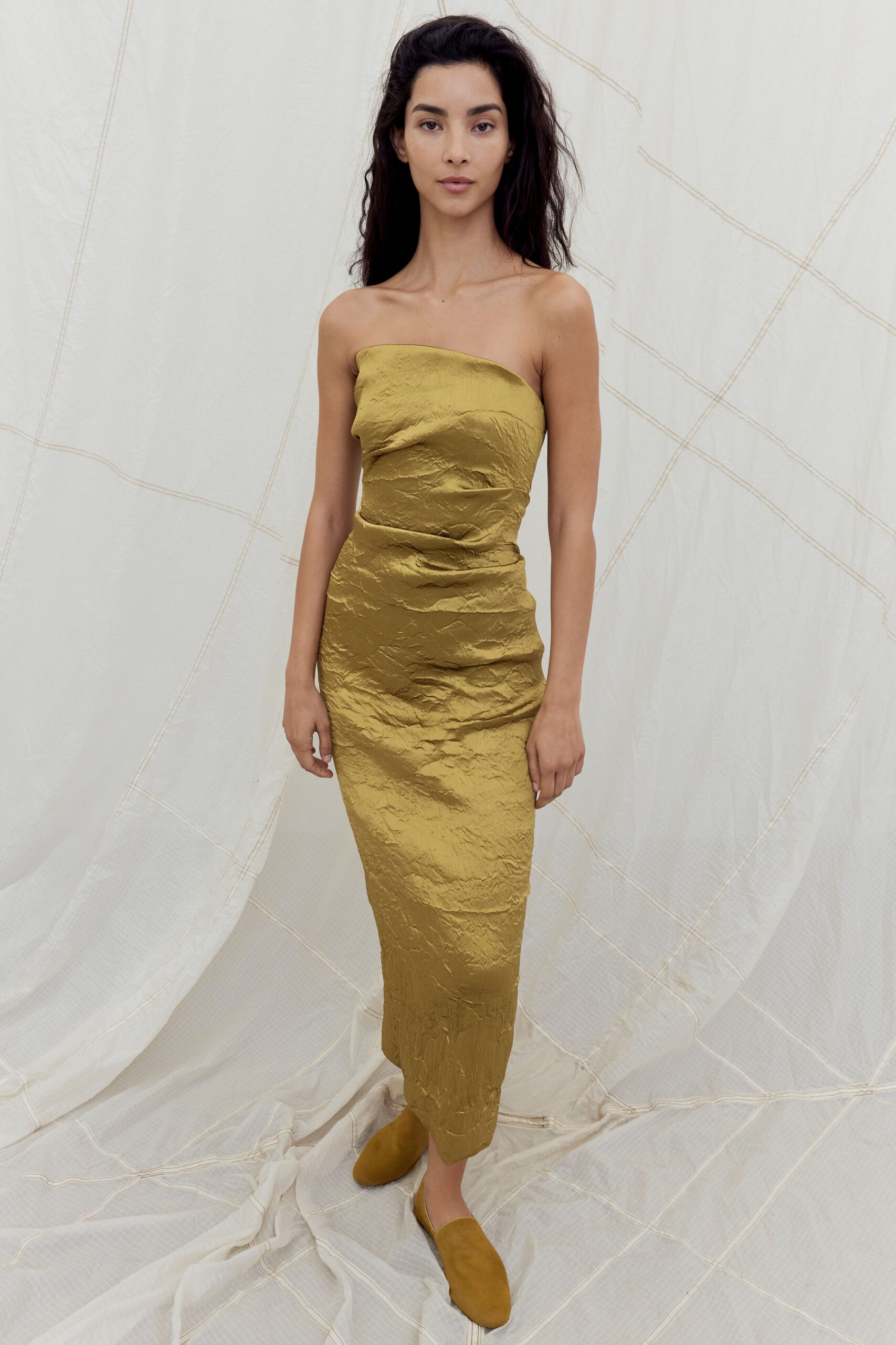 gold silk strapless fitted ruched shiny midi dress