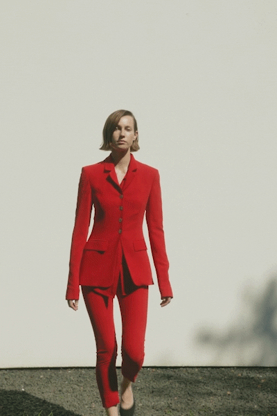 red long-sleeve collared tailored buttoned suit