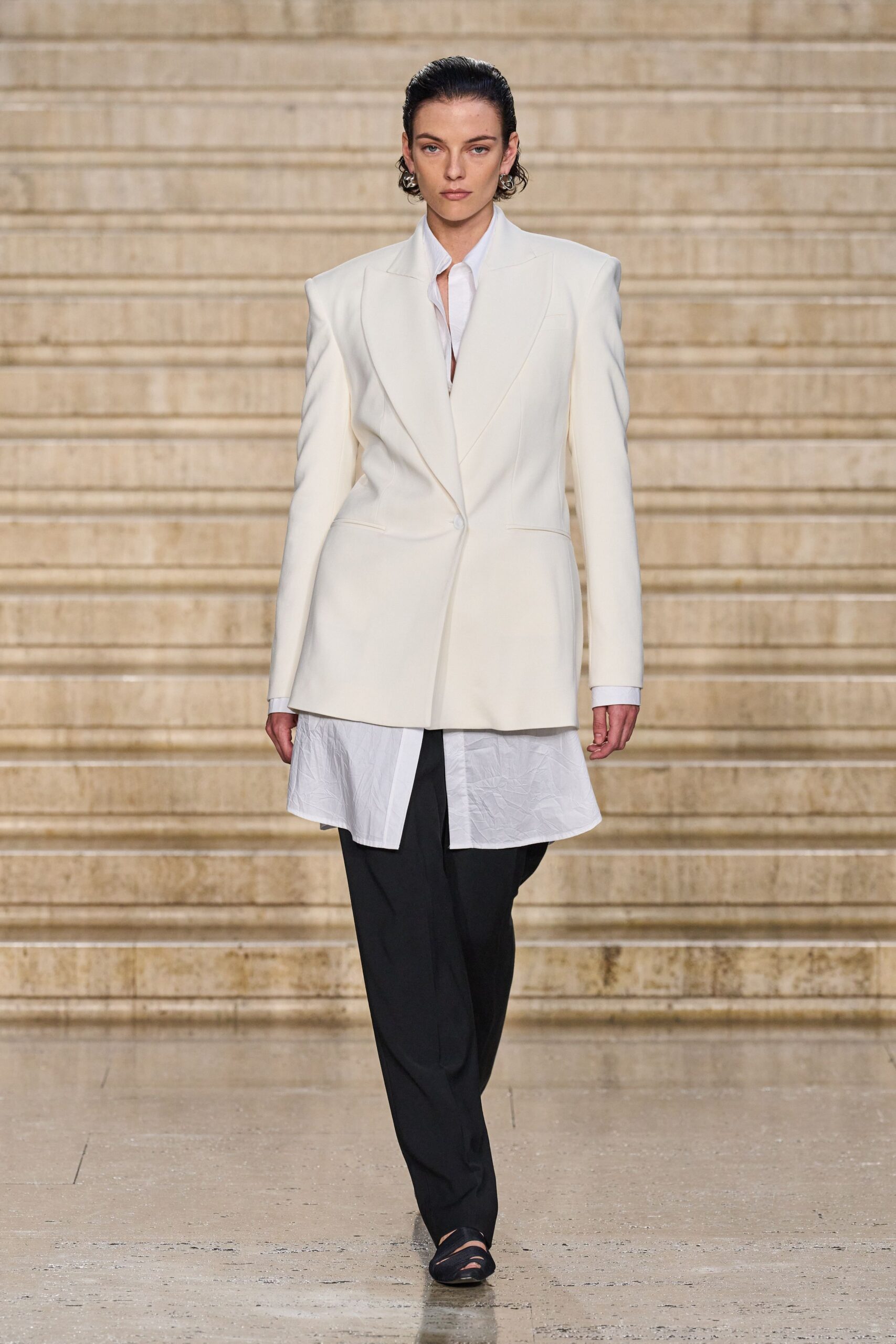 white cotton long-sleeve collared structured buttoned blazer