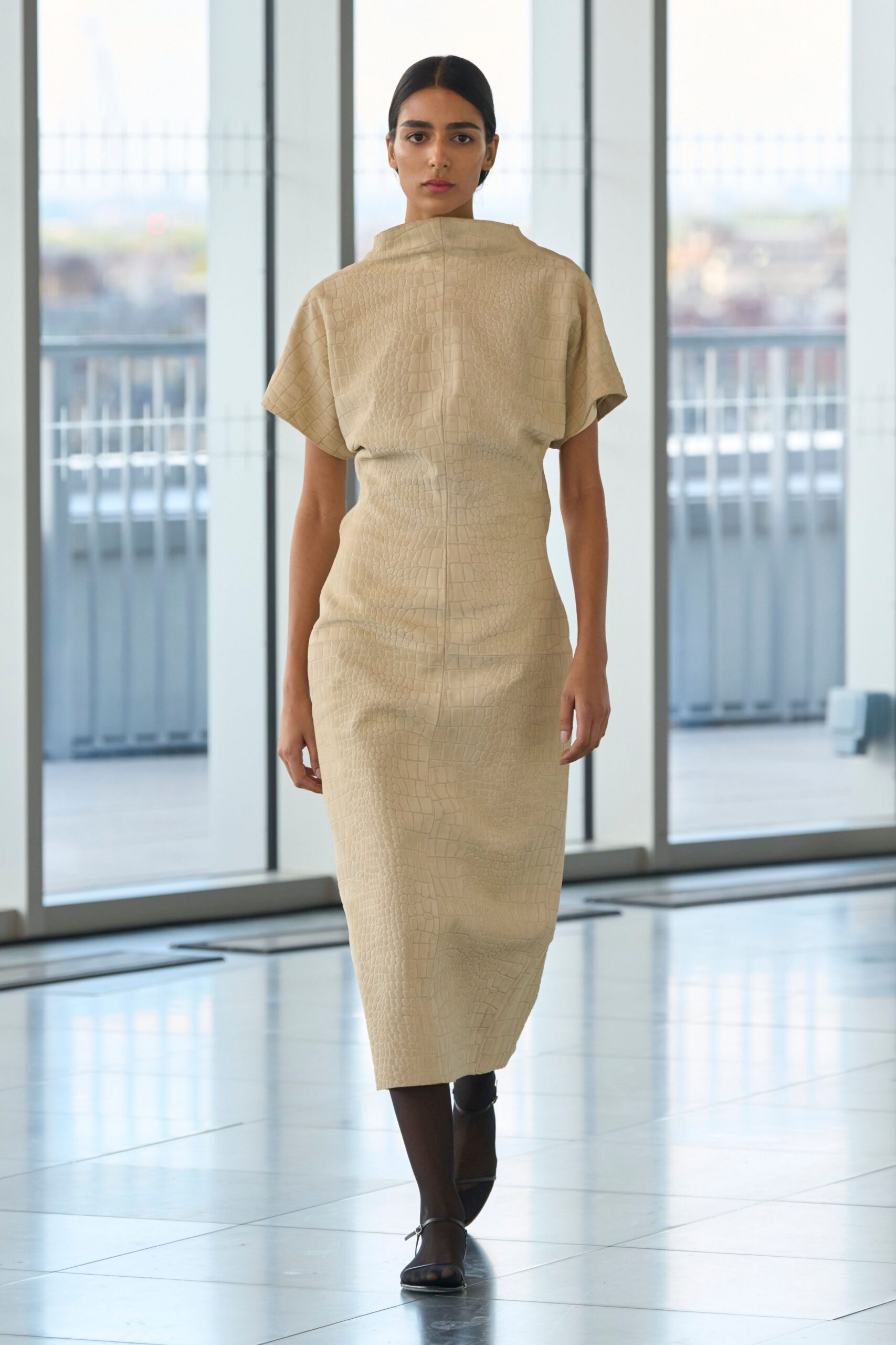 beige cotton short-sleeve high-neck fitted straight-leg midi dress