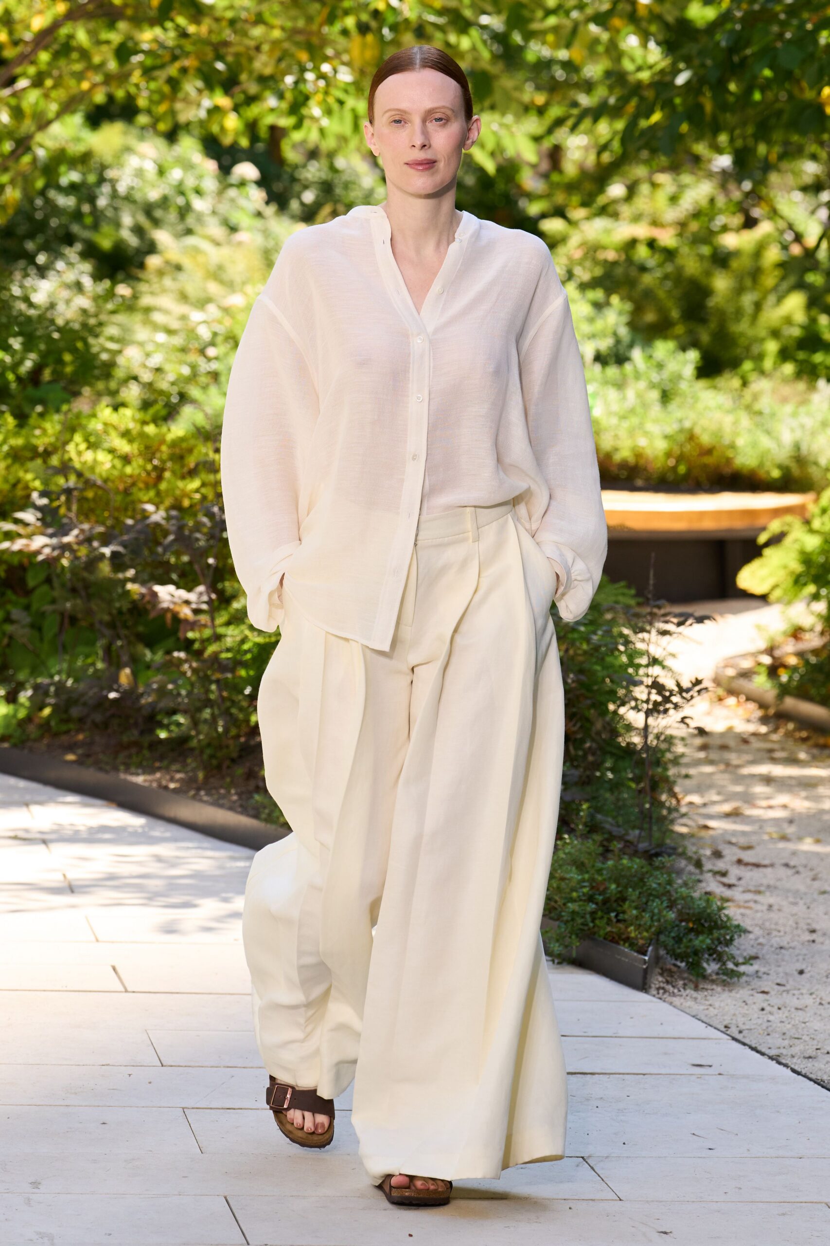 white relaxed shirt beige wide-leg pants