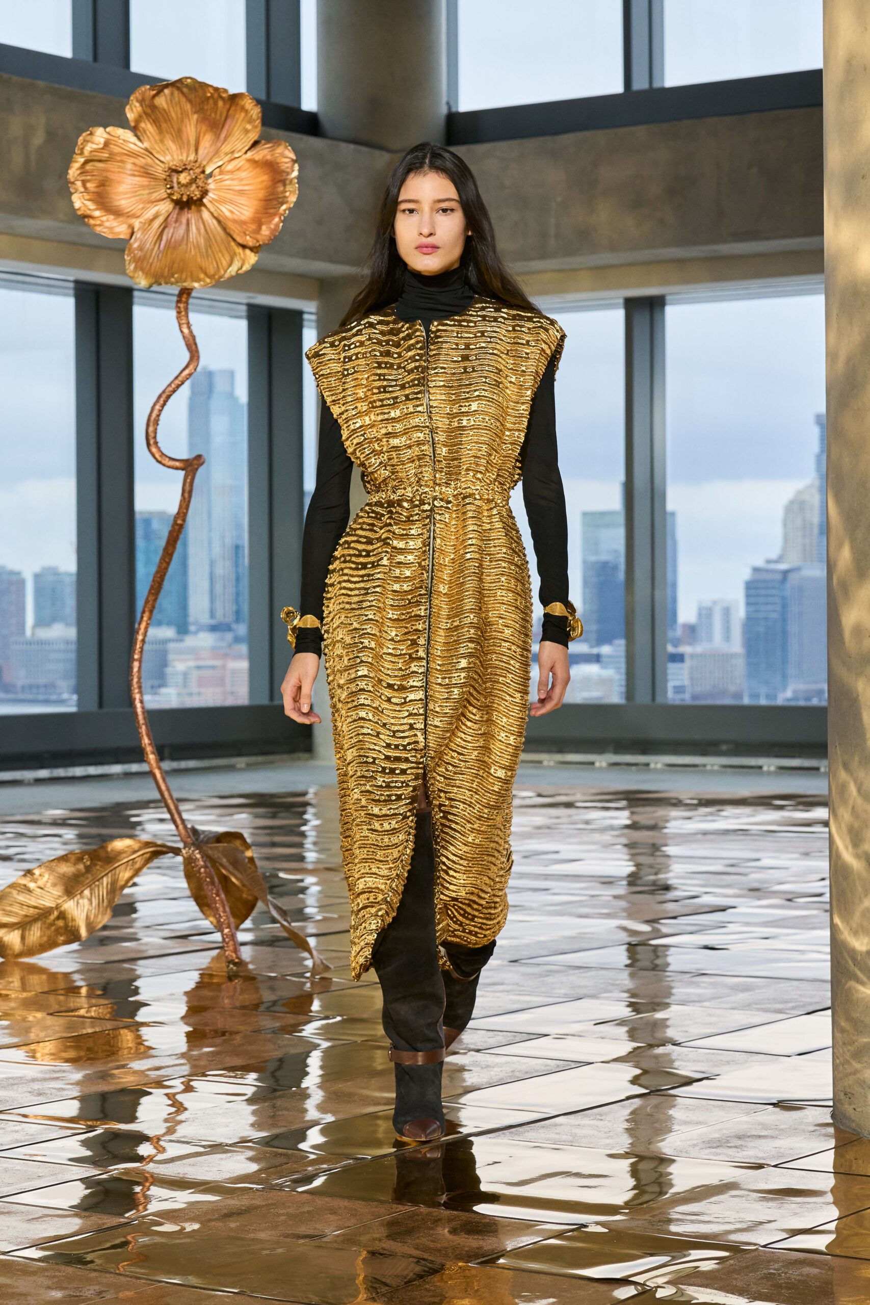 gold silk sleeveless high-neck fitted pleated zippered dress