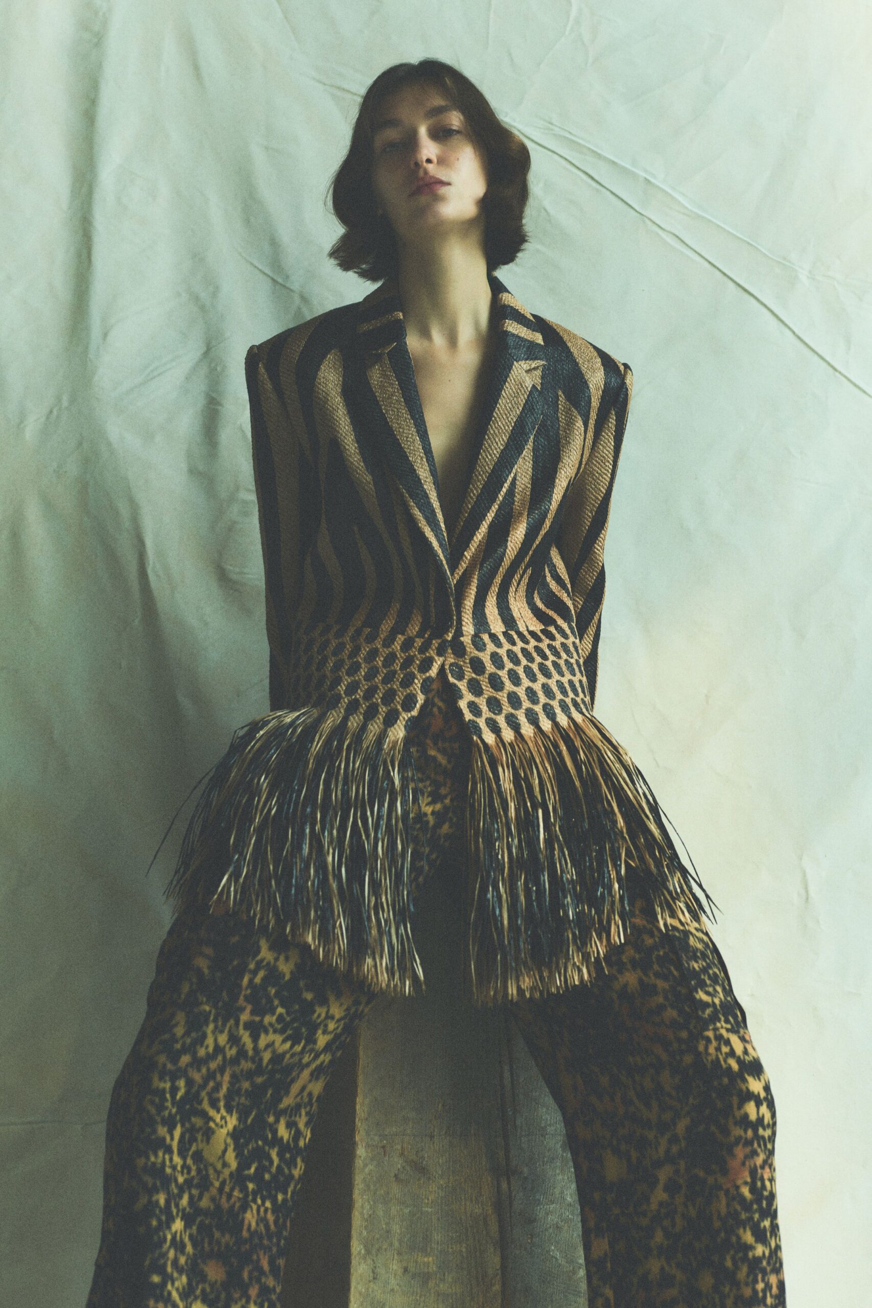 black silk long-sleeve v-neck structured striped fringed blazer
