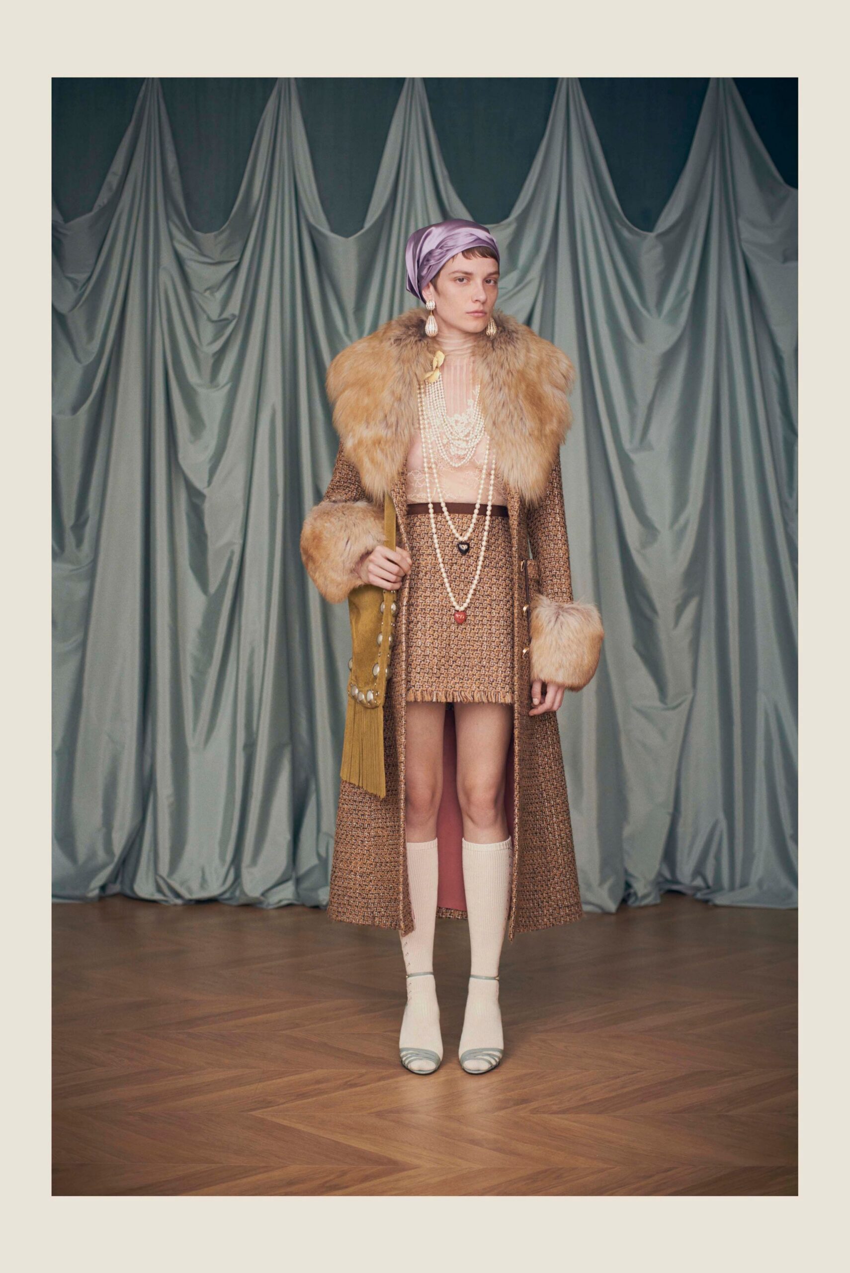 brown fur long-sleeve relaxed layered maxi coat