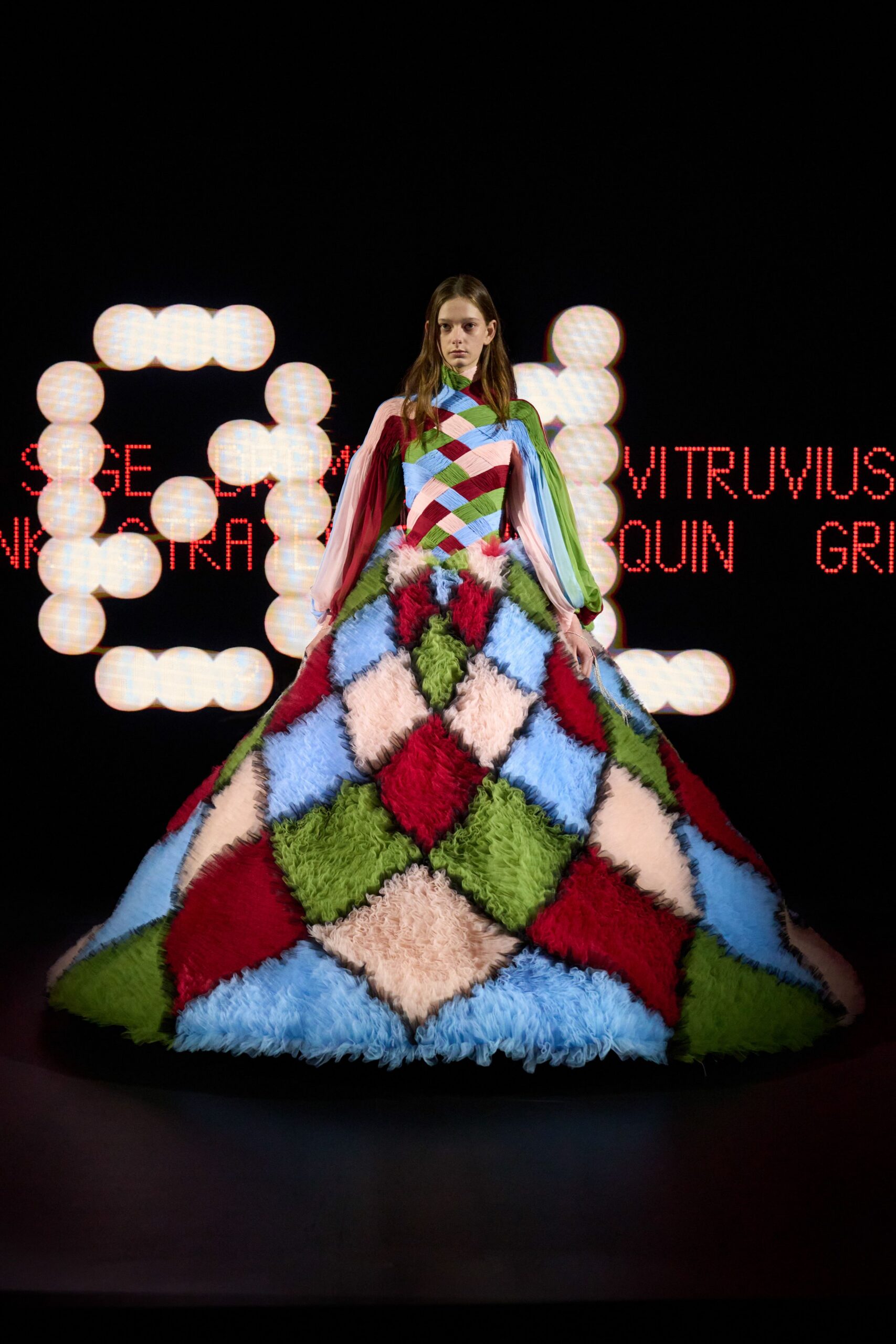 color-blocked fur gown