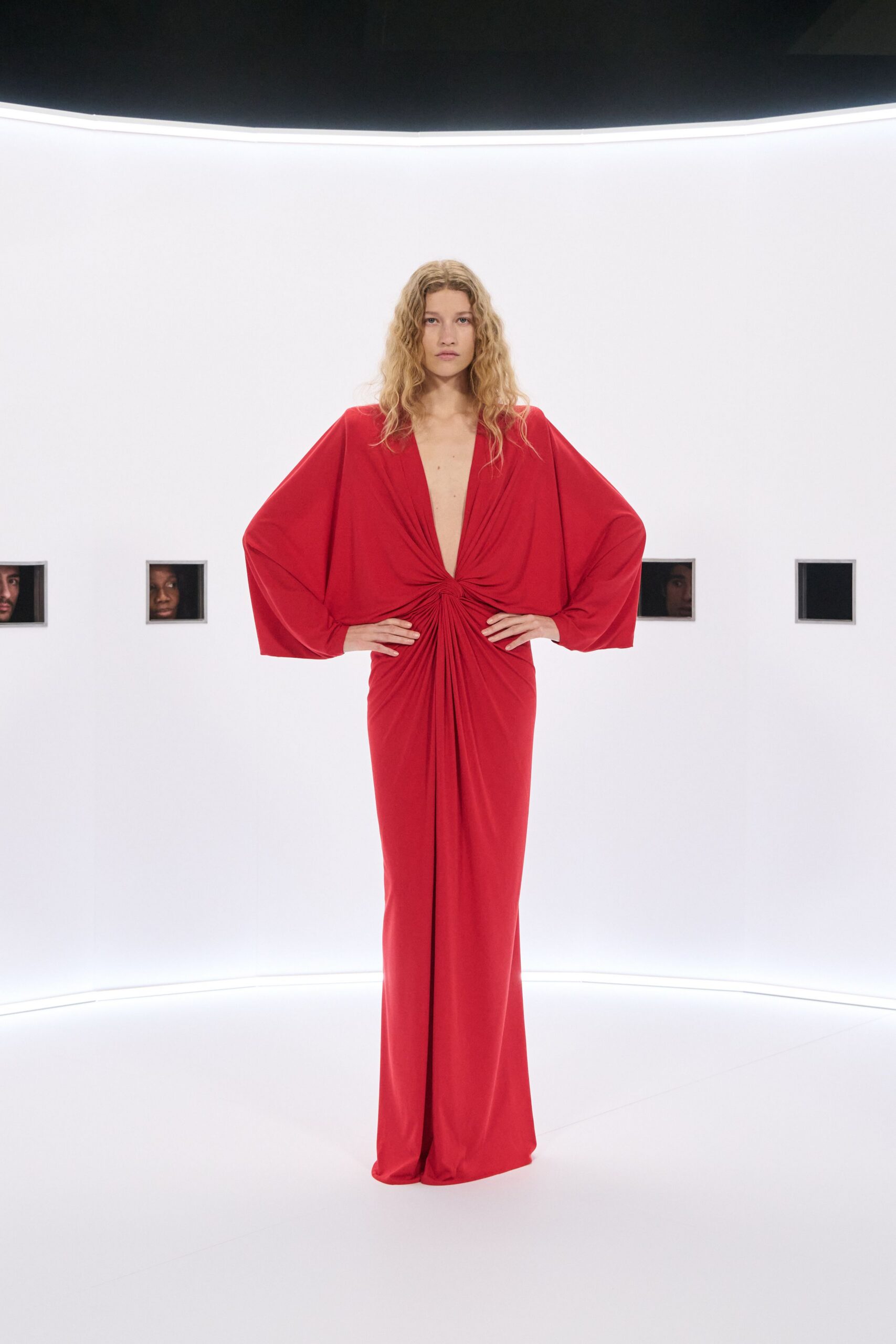 red silk fitted gown