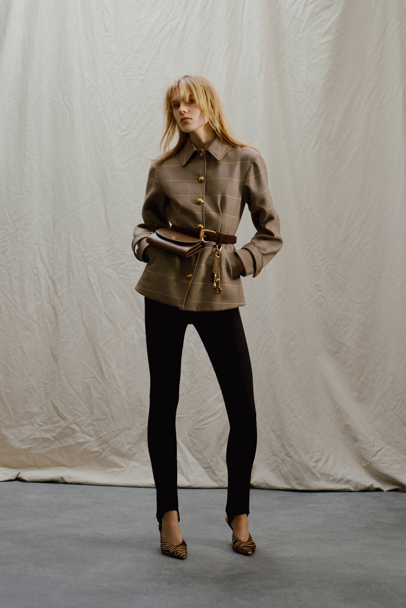 brown cotton long-sleeve collared tailored checked buttoned jacket