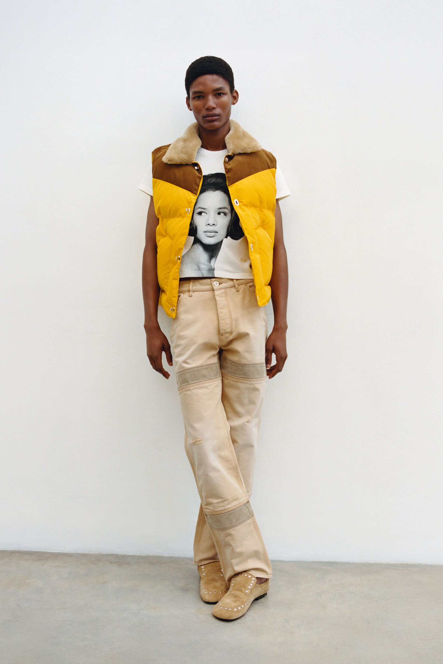 yellow suede sleeveless collared relaxed zippered vest