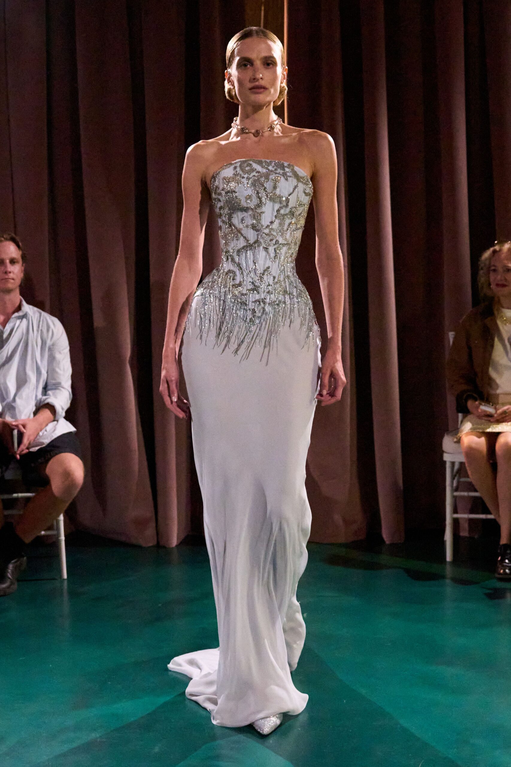 white strapless embellished gown