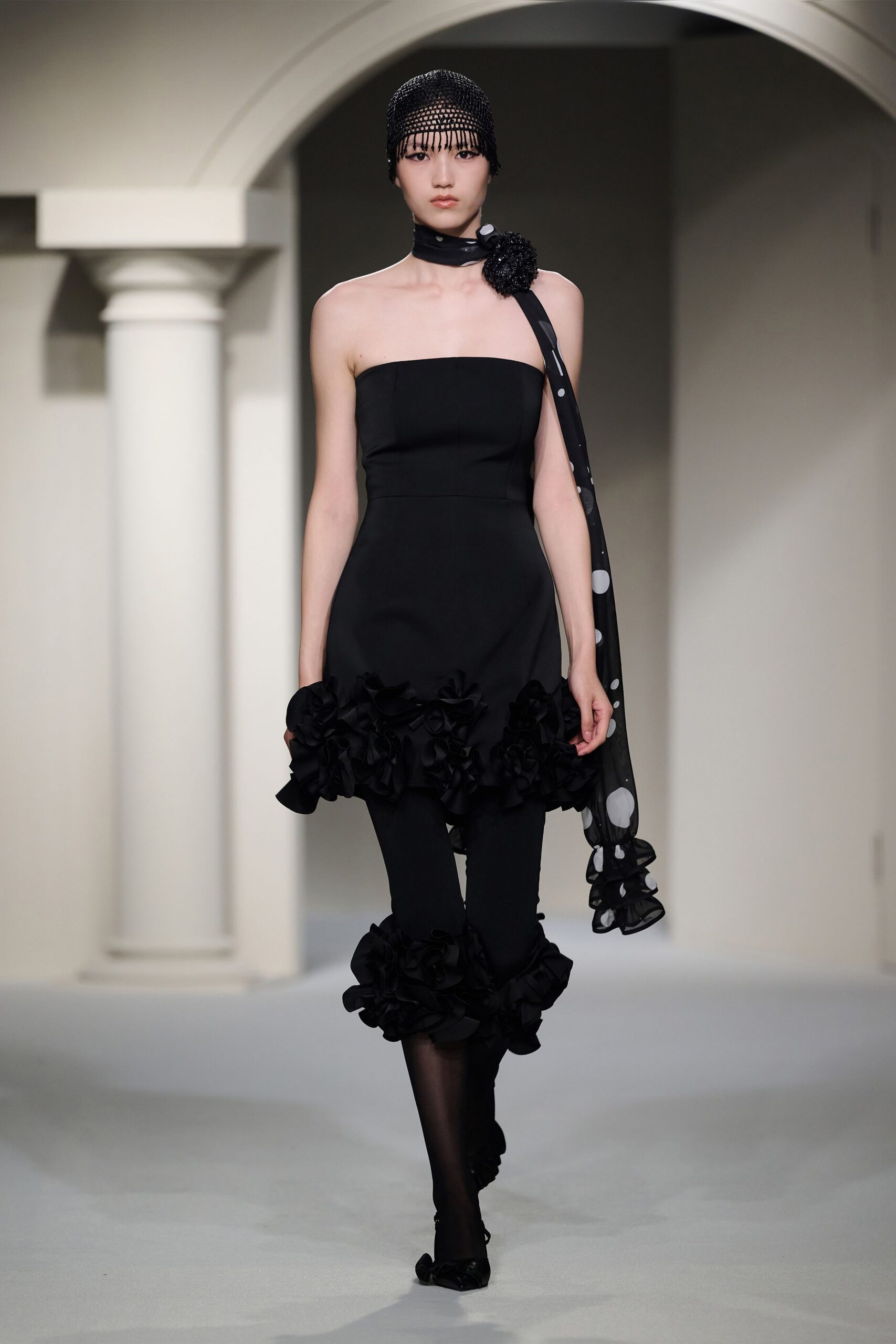 black silk strapless fitted ruffled mini dress