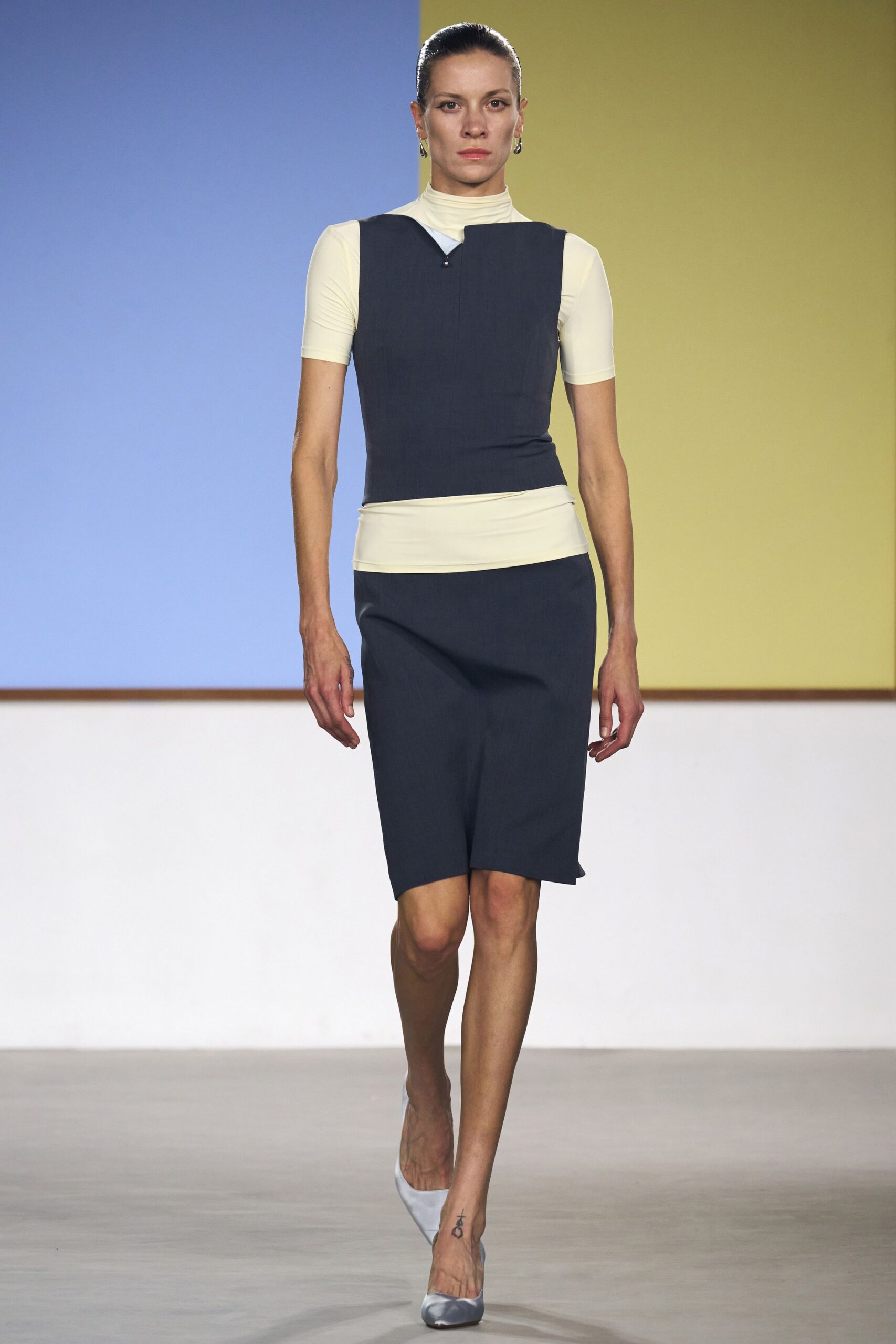 blue cotton slit fitted skirt
