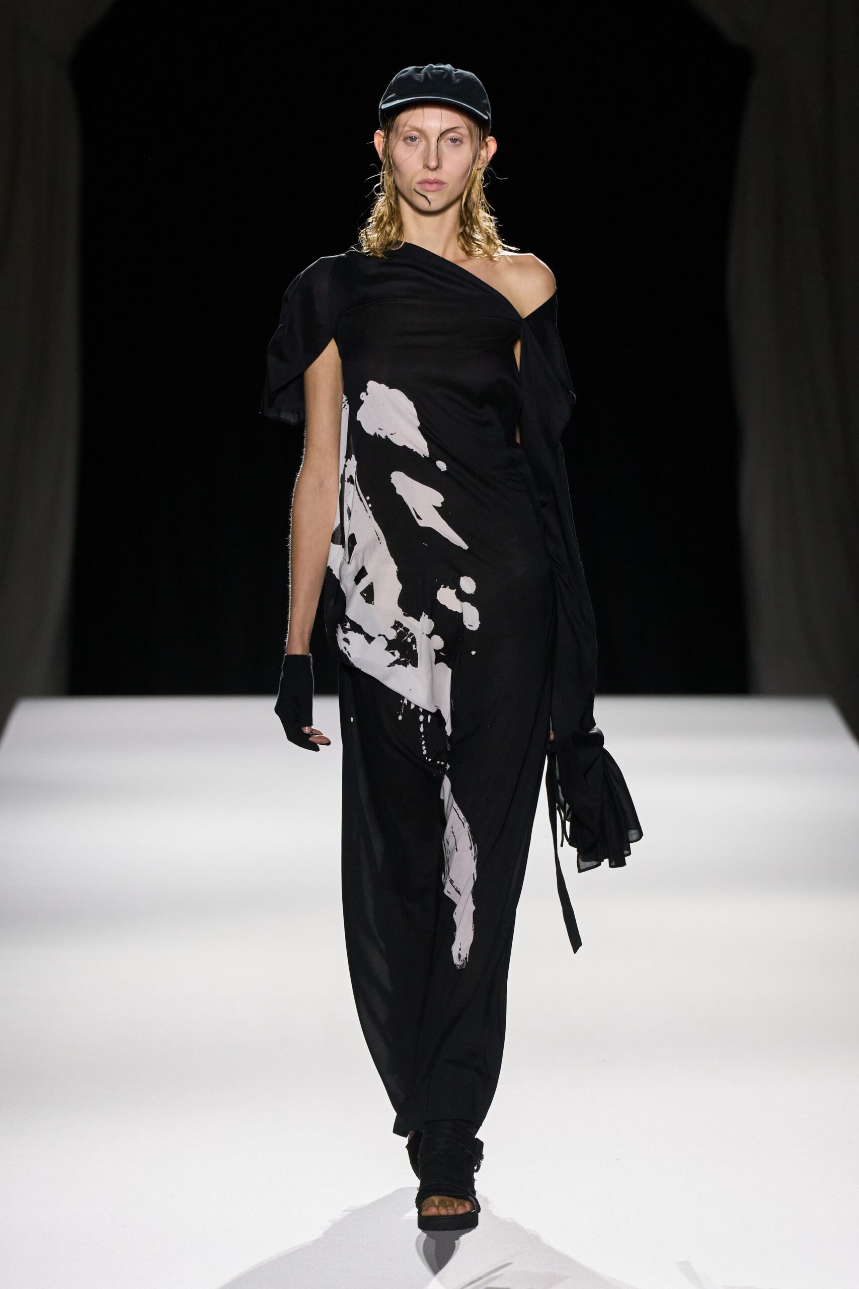 black silk sleeveless off-shoulder fitted draped printed dress
