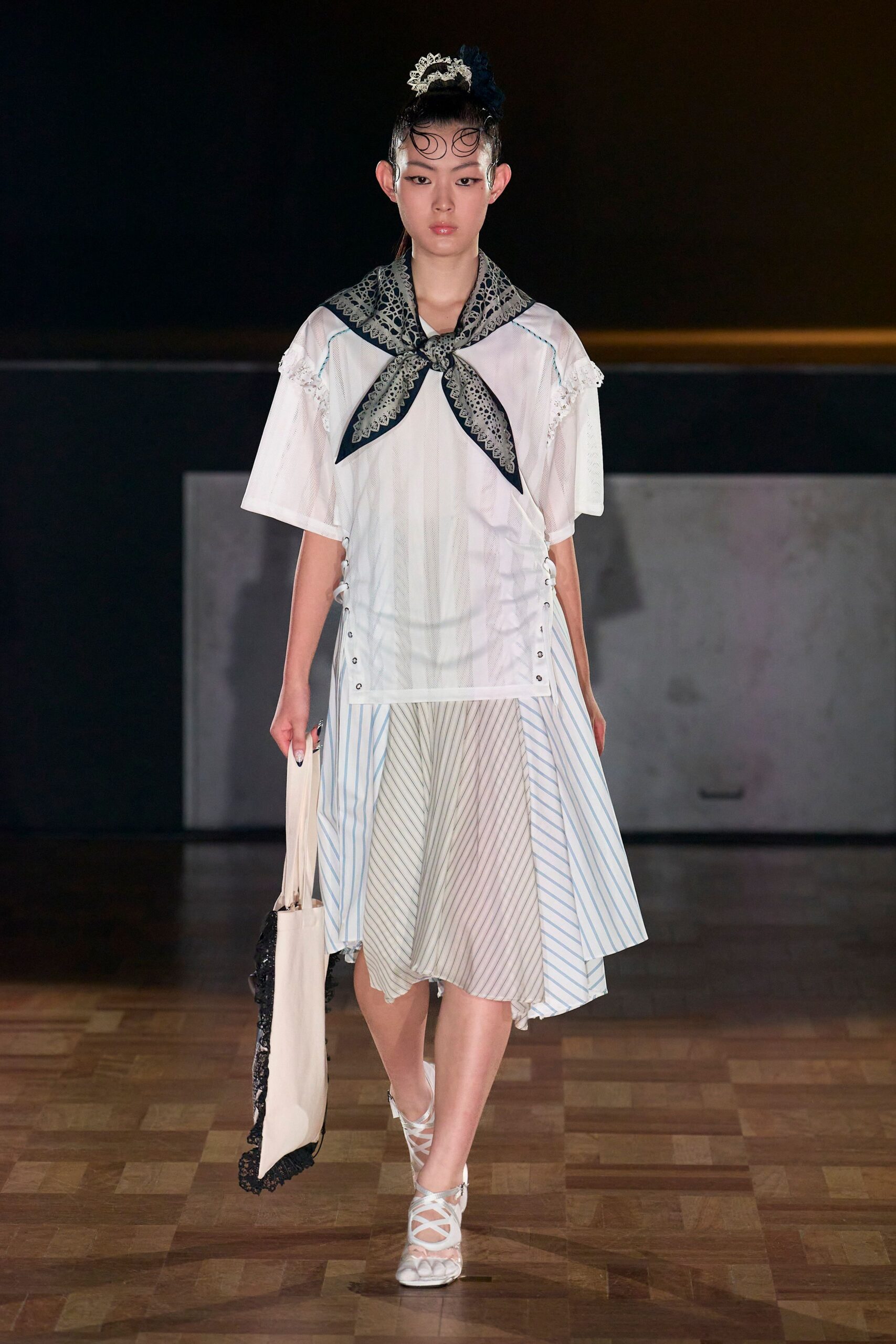 white cotton short-sleeve collared relaxed striped buttoned dress
