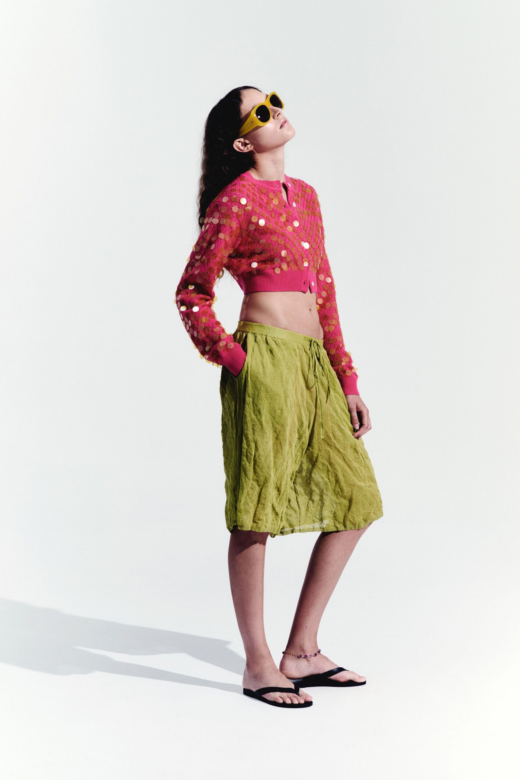 pink cotton long-sleeve collared fitted polka-dot cropped cardigan