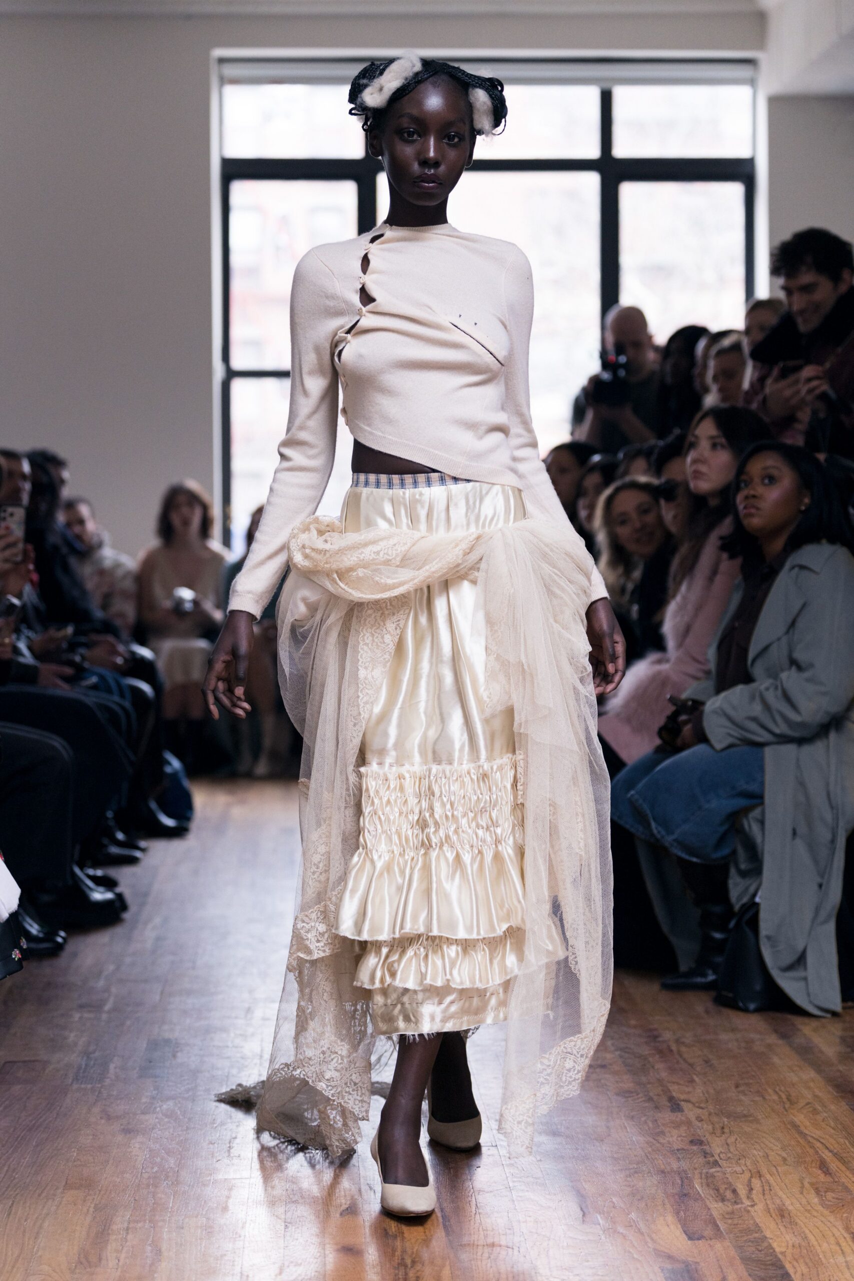 ivory silk relaxed tiered ruffled midi skirt