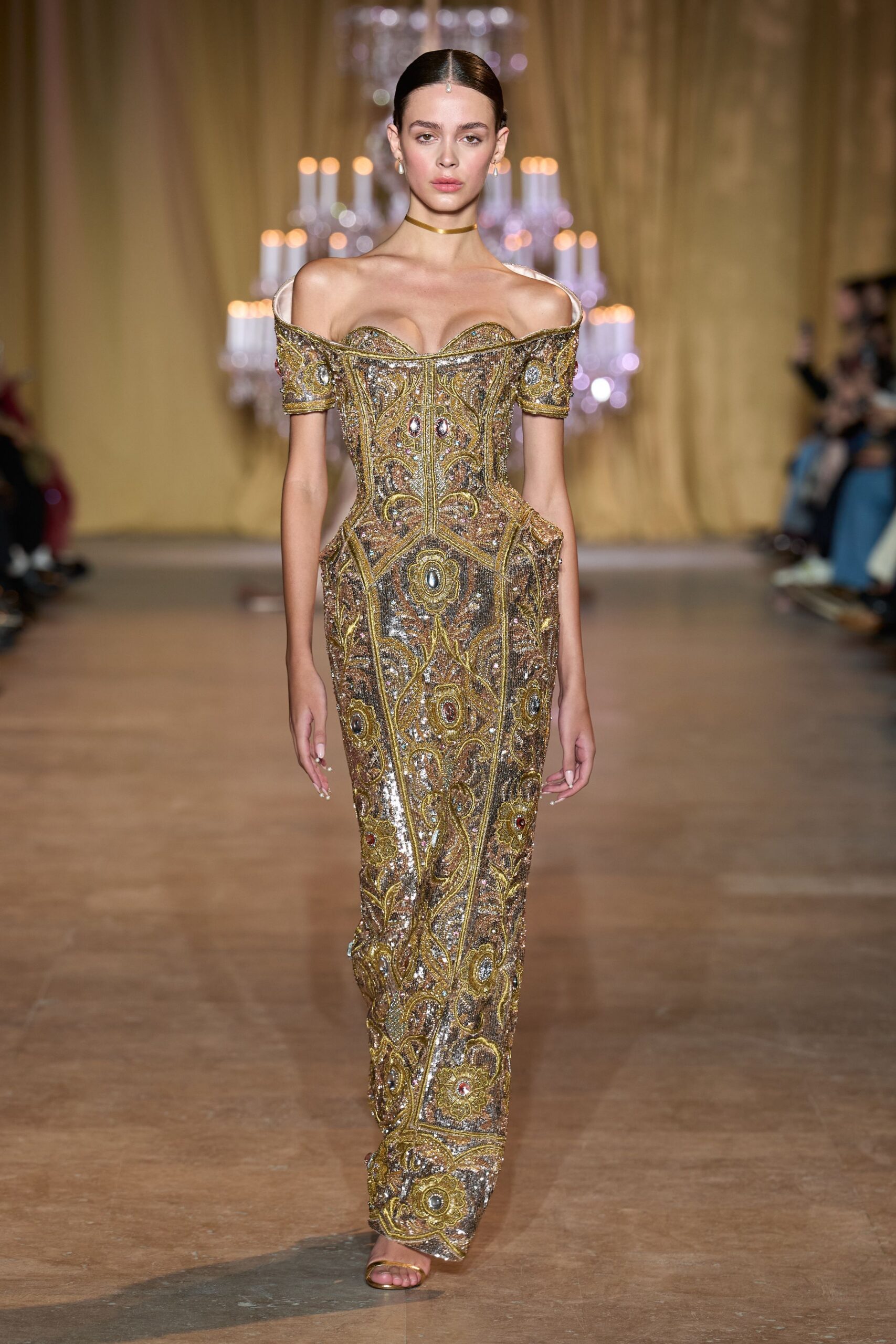 gold silk off-shoulder fitted embroidered beaded shiny gown