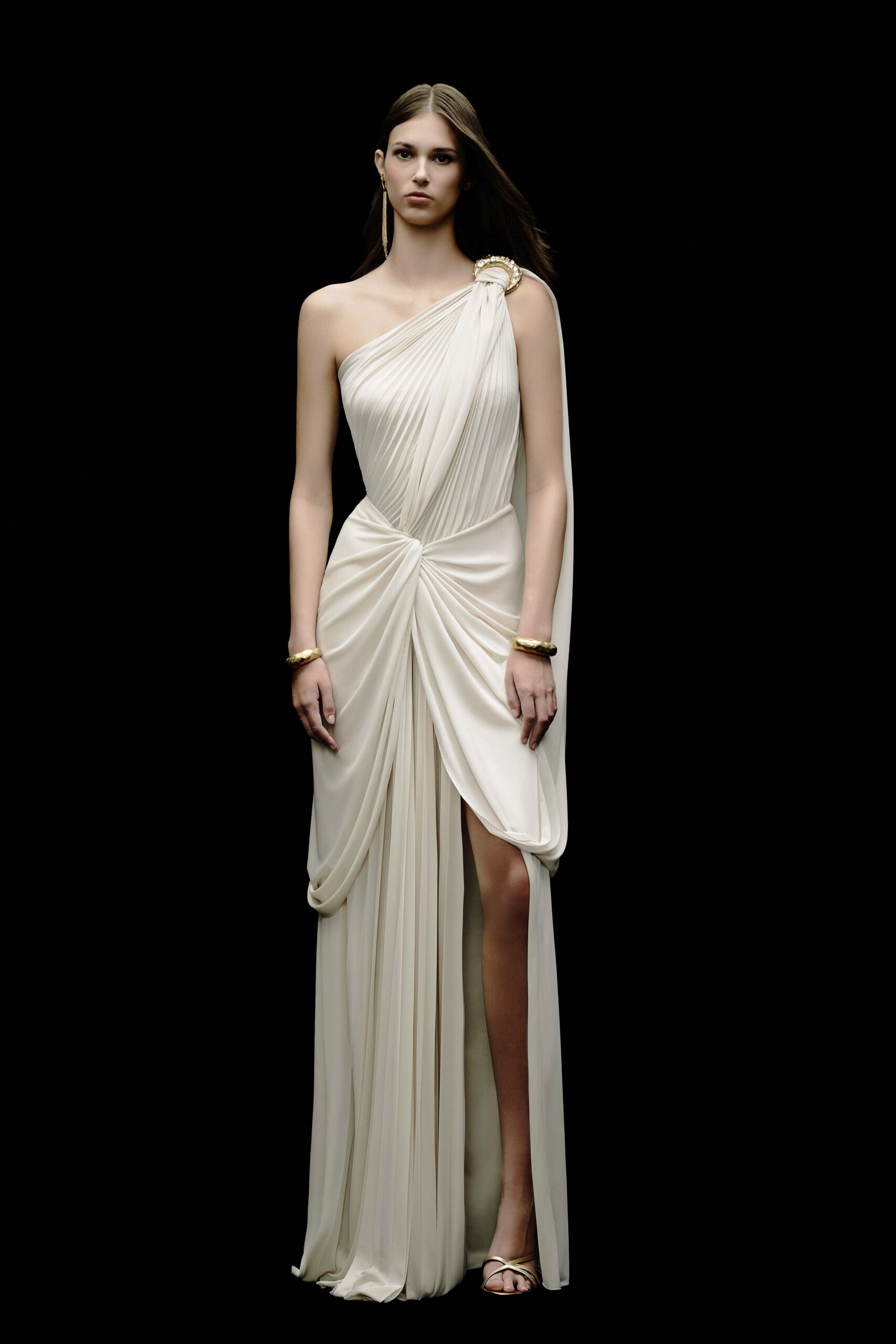 ivory silk sleeveless high-neck fitted draped flowing gown