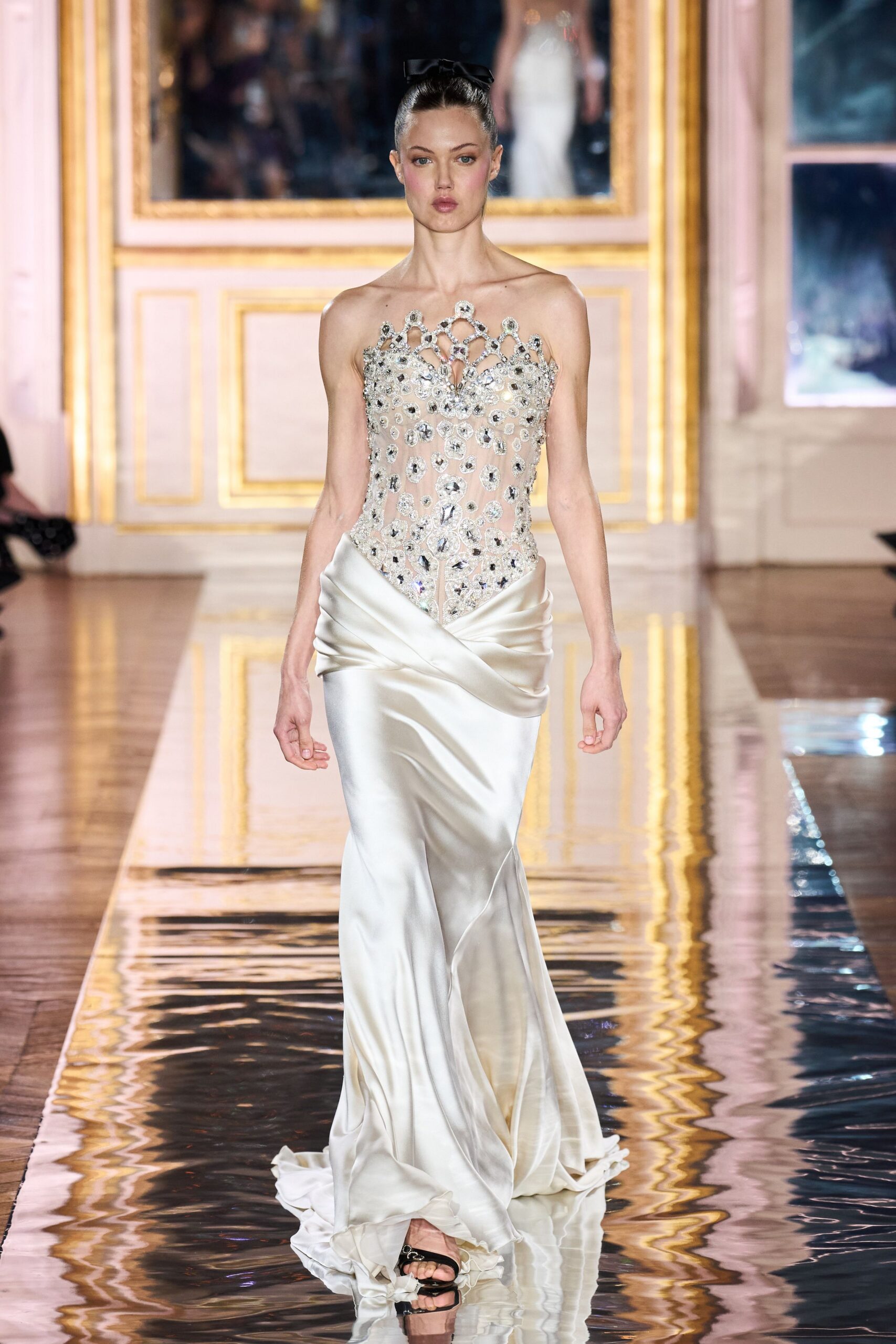 white silk embellished gown