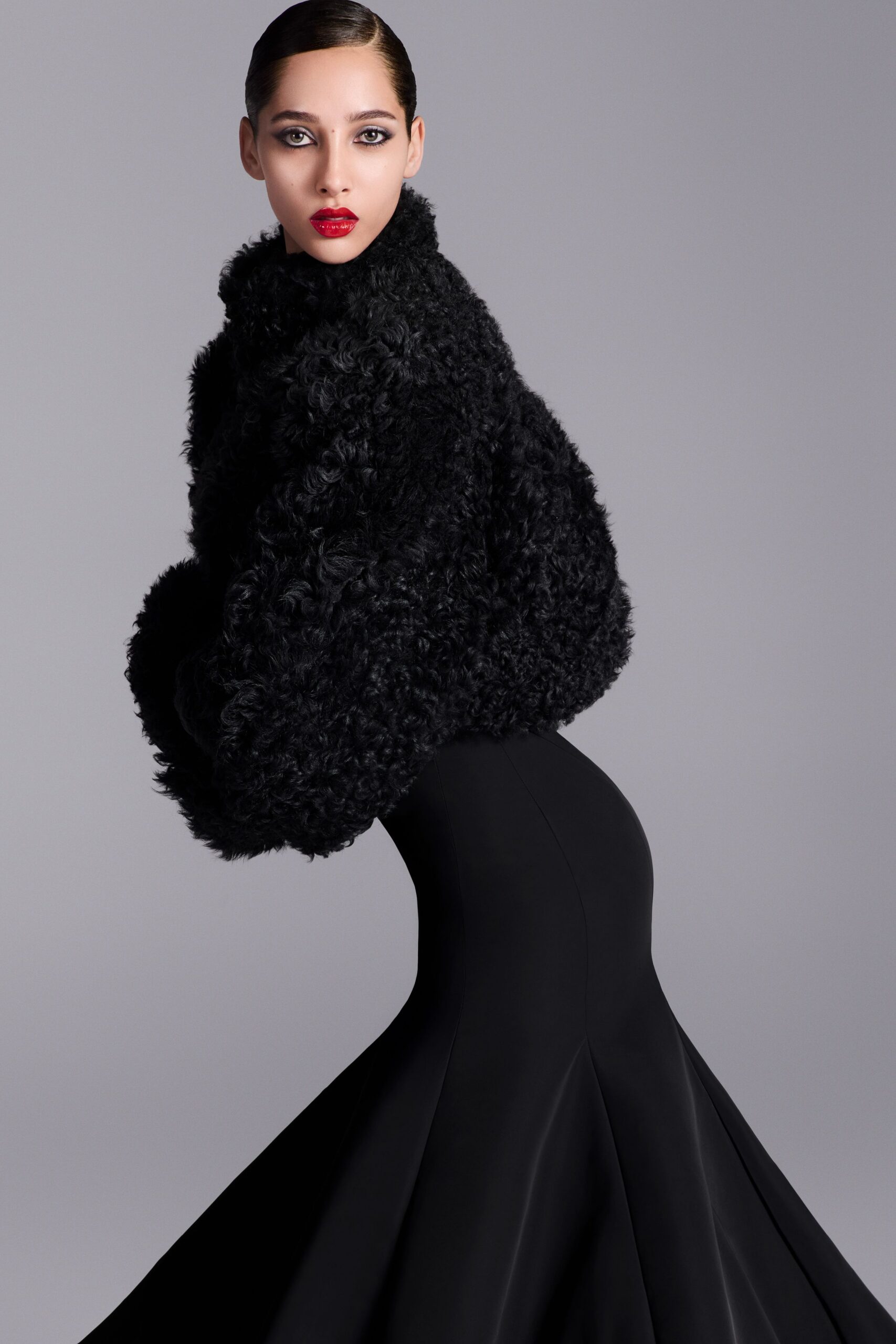 black silk long-sleeve v-neck fitted flared maxi gown