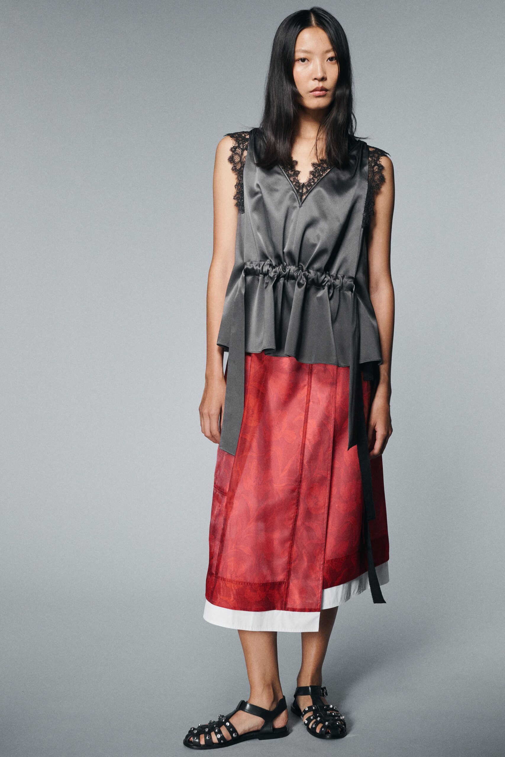 red silk fitted layered midi skirt