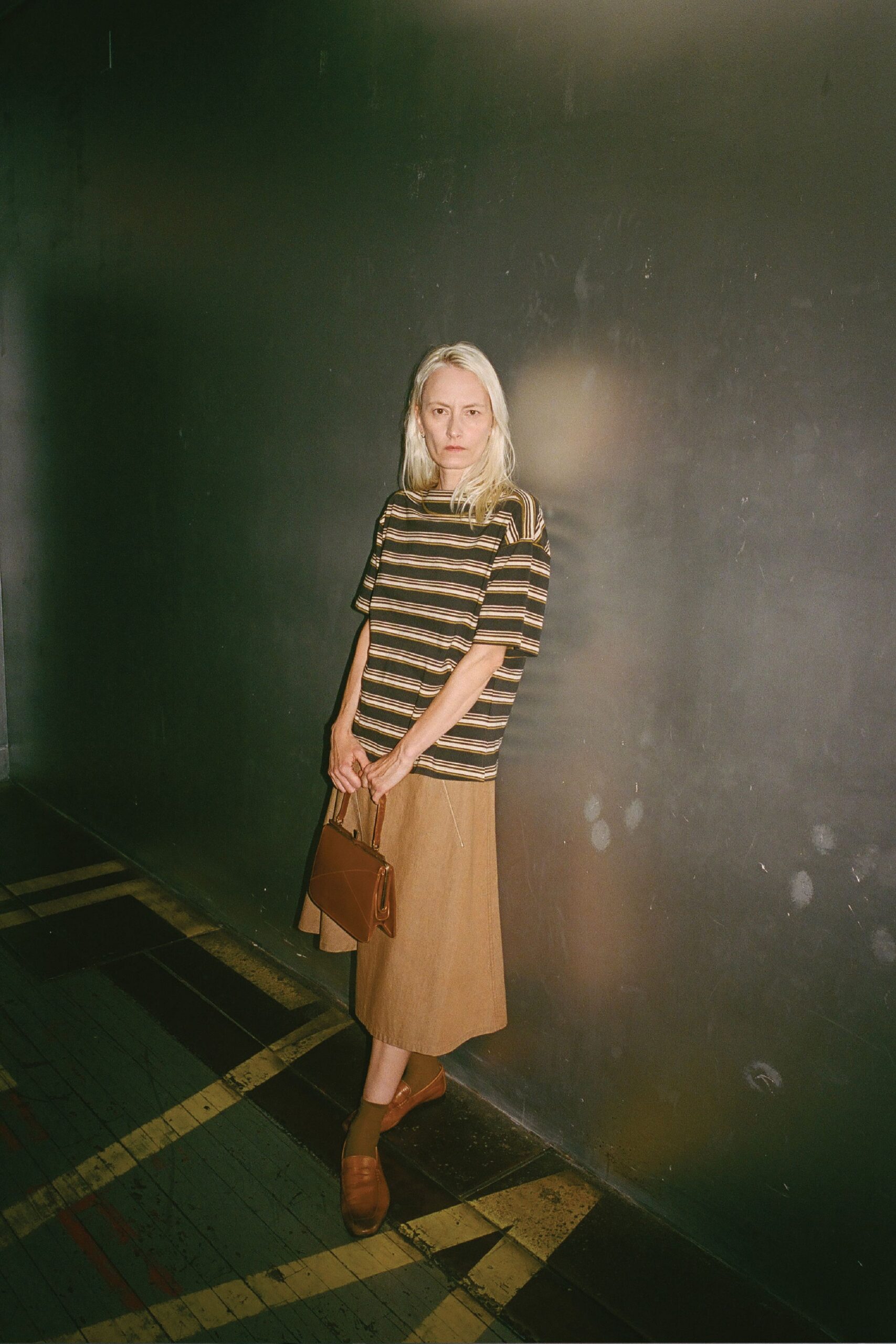 brown cotton fitted a-line midi skirt