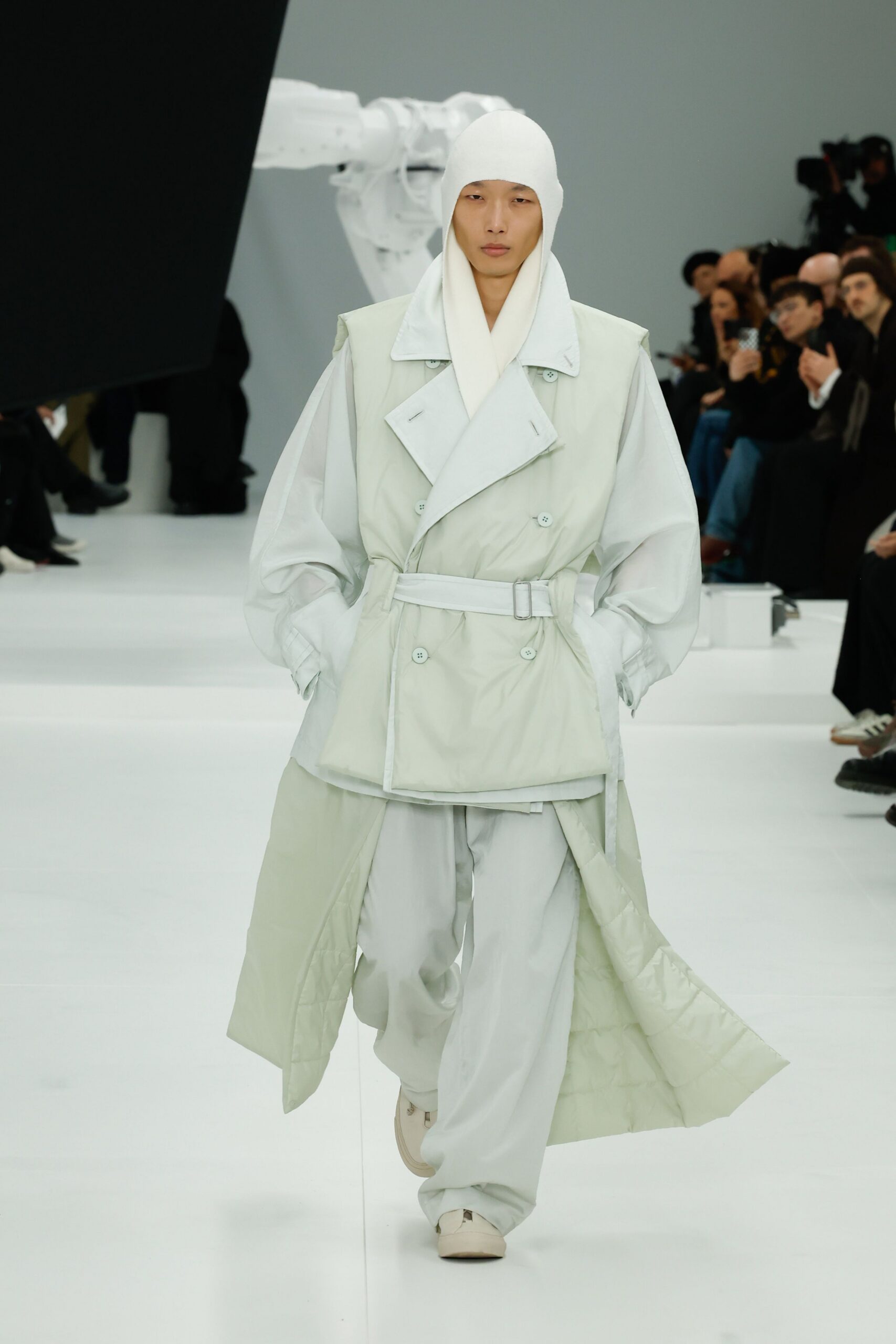 white cotton long-sleeve collared relaxed belted layered coat