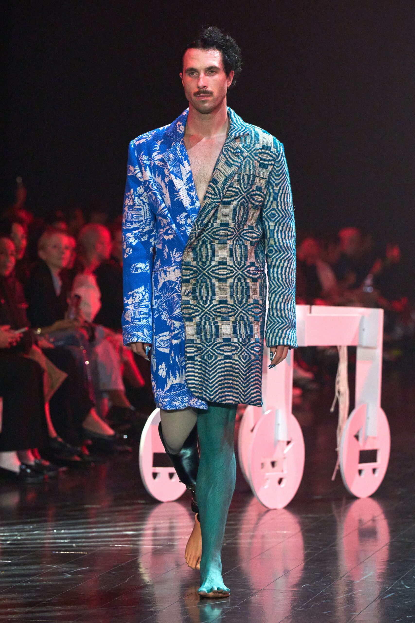 blue printed blazer with green pants
