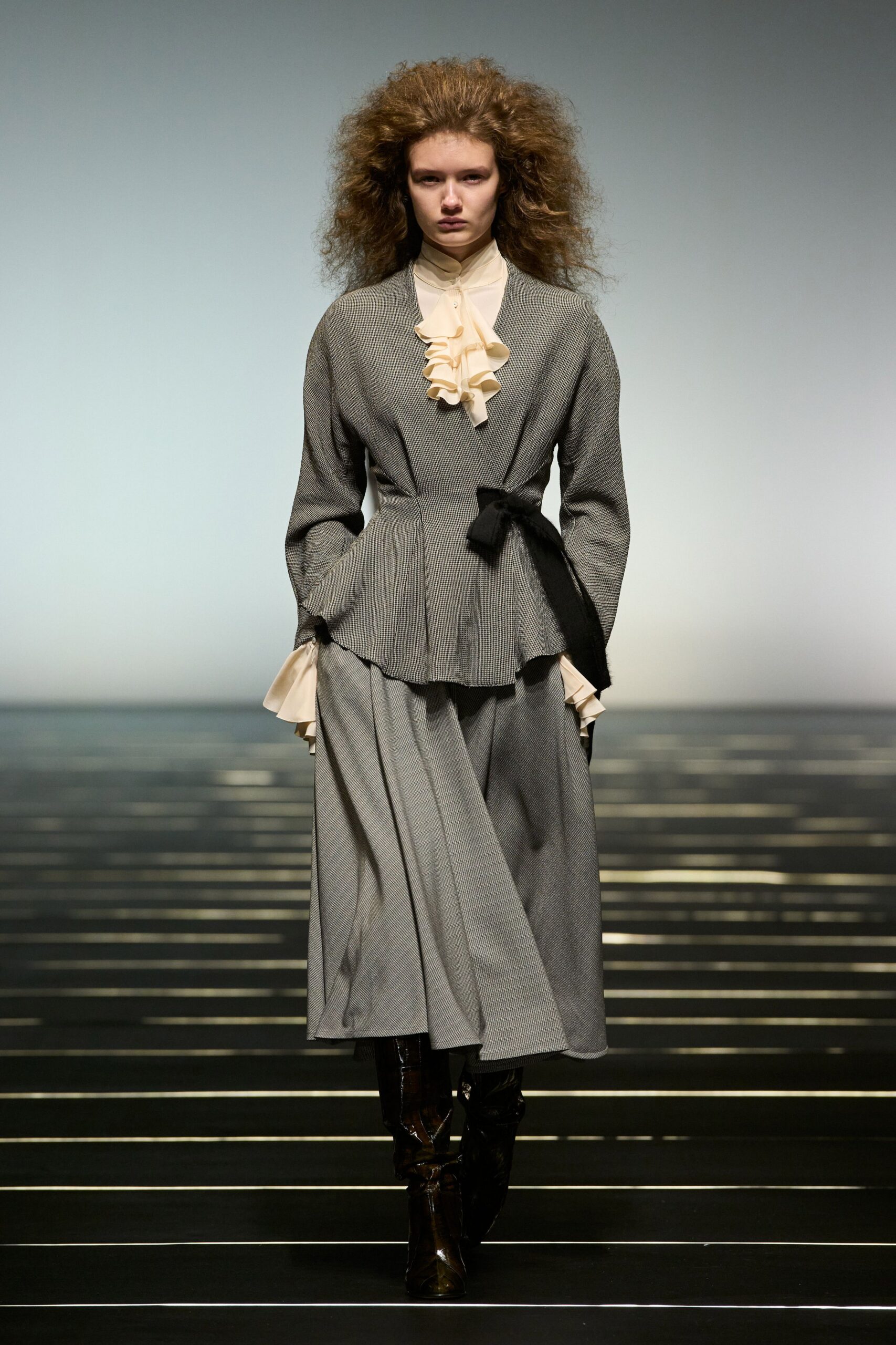 gray cotton long-sleeve v-neck fitted pleated layered dress