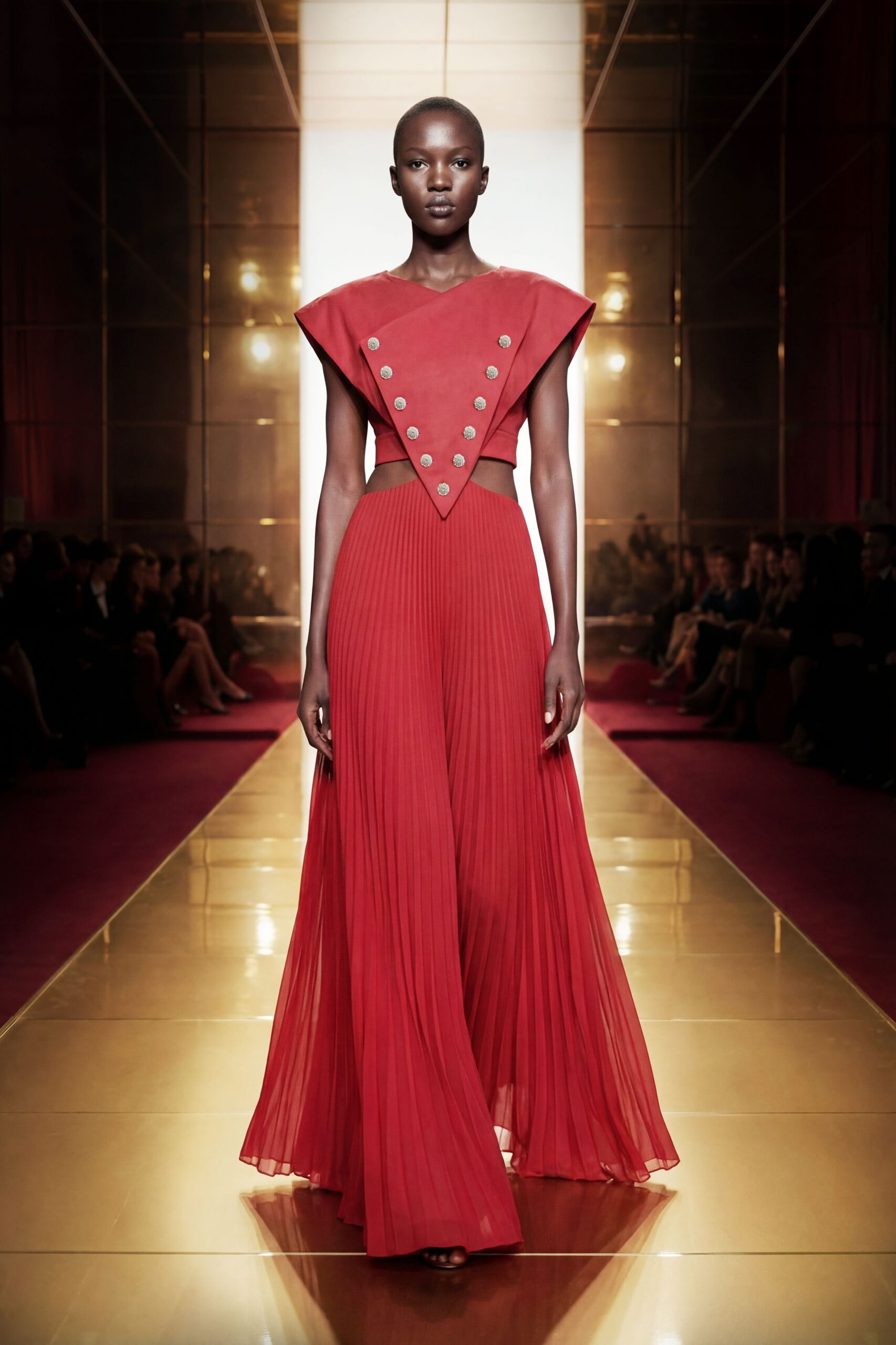 red silk sleeveless gown