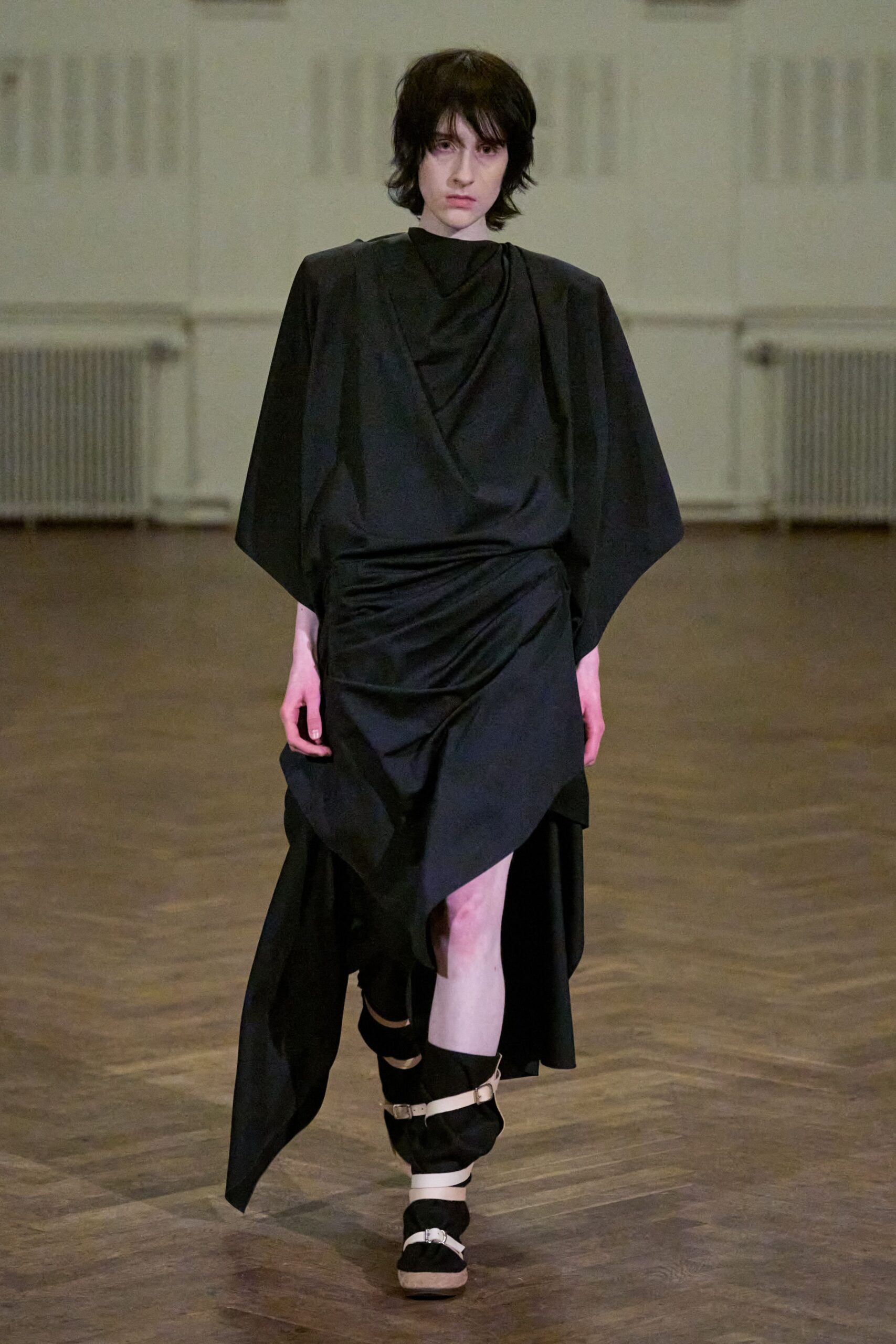 black silk sleeveless high-neck relaxed draped flowing dress
