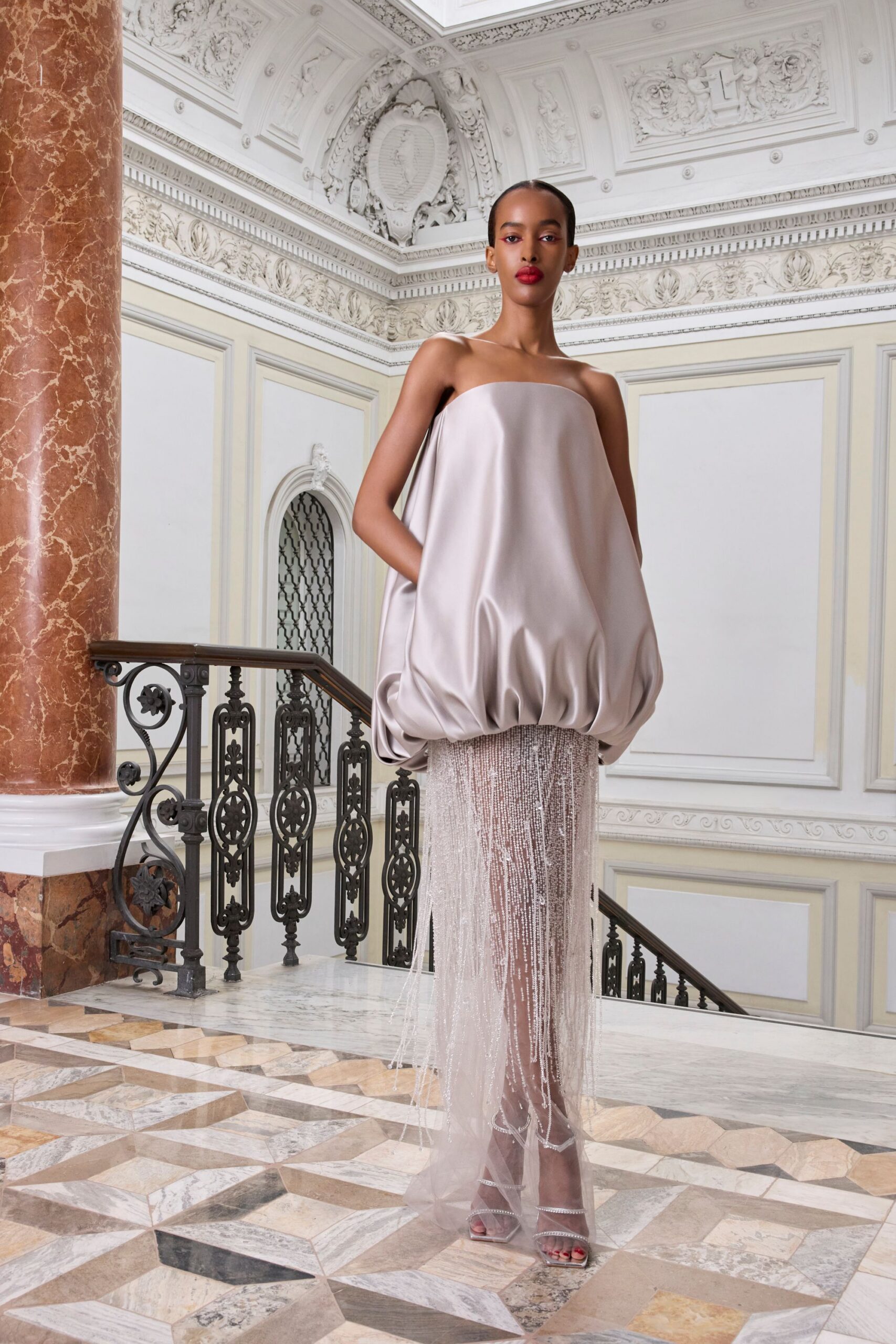 beige silk sleeveless gown