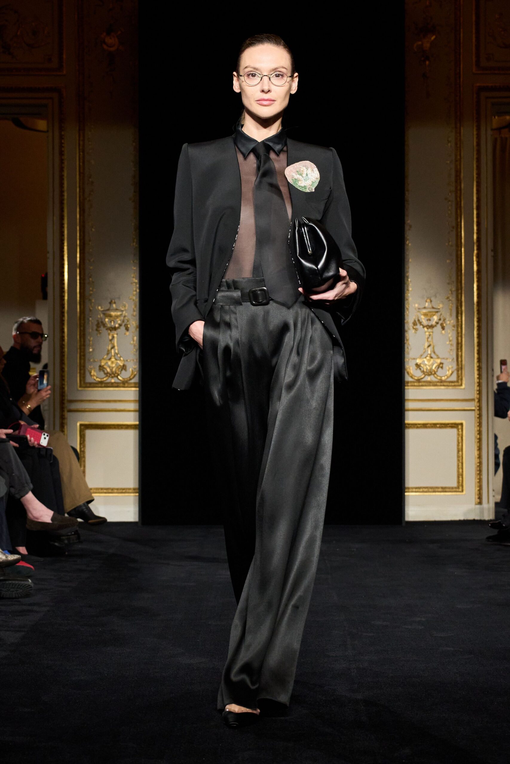 black silk long-sleeve v-neck fitted sheer shirt