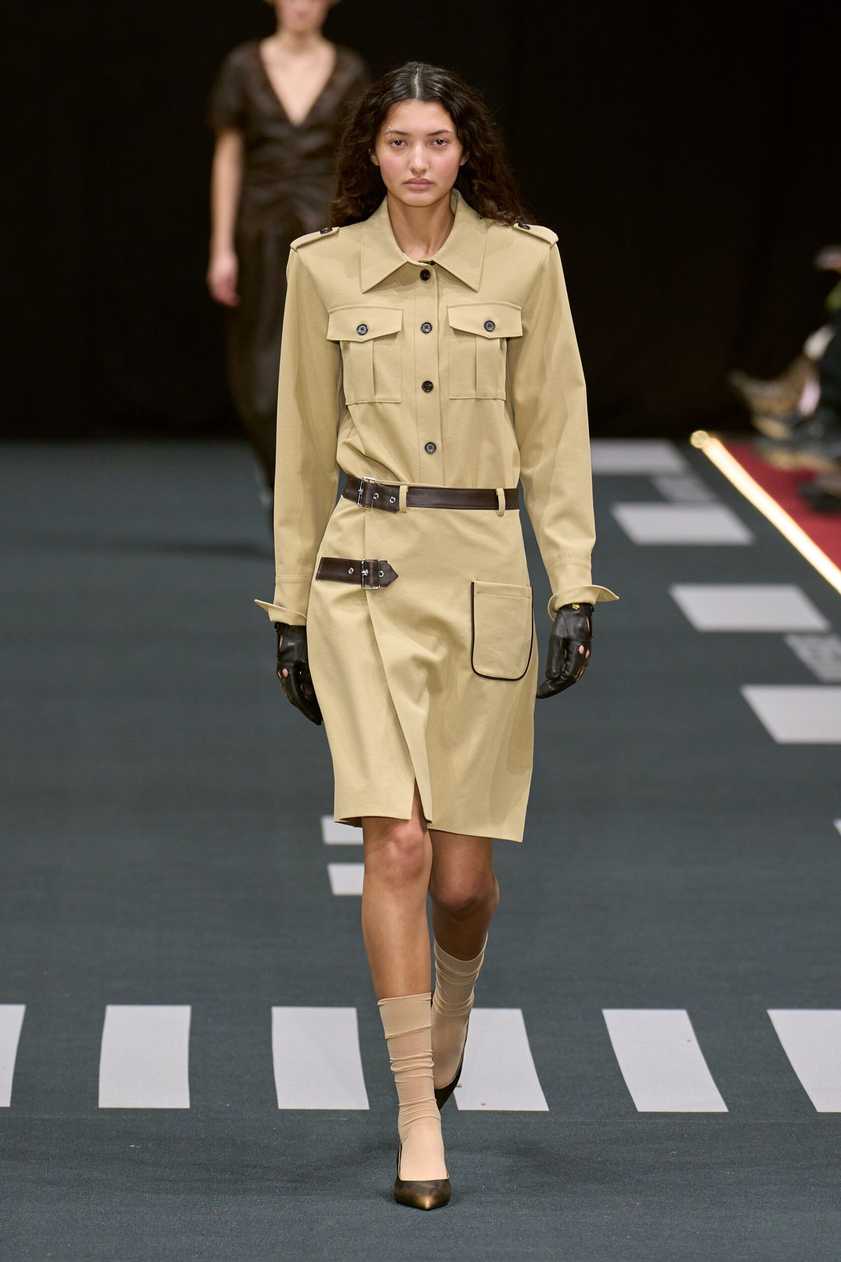 beige cotton long-sleeve collared fitted buttoned pockets shirt-dress