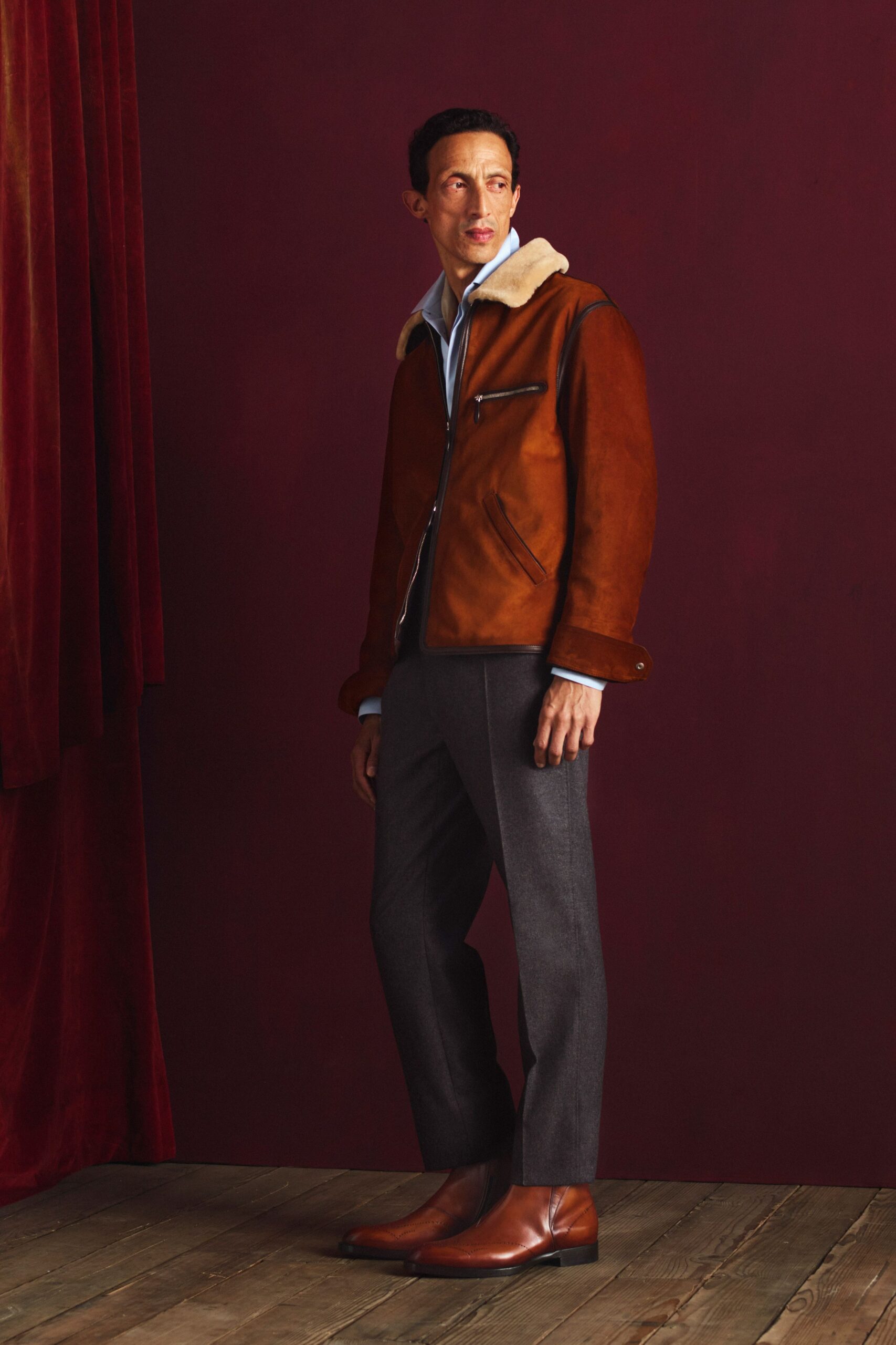 brown suede long-sleeve collared tailored zippered jacket