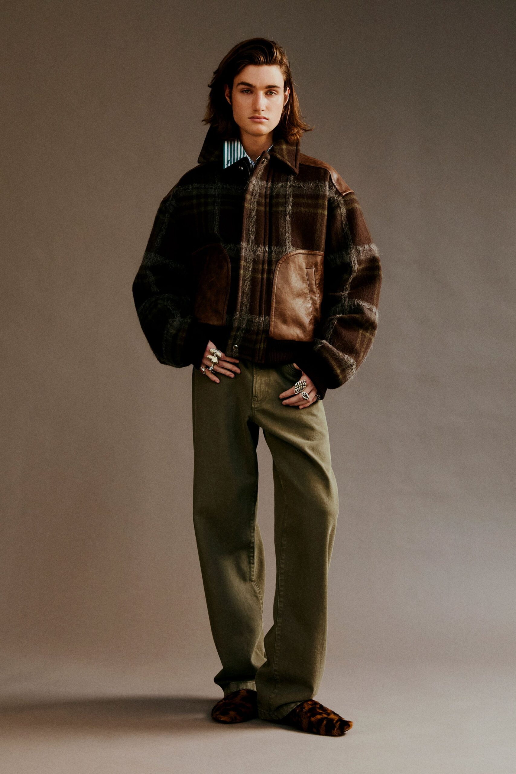 brown cotton long-sleeve collared relaxed checked buttoned jacket