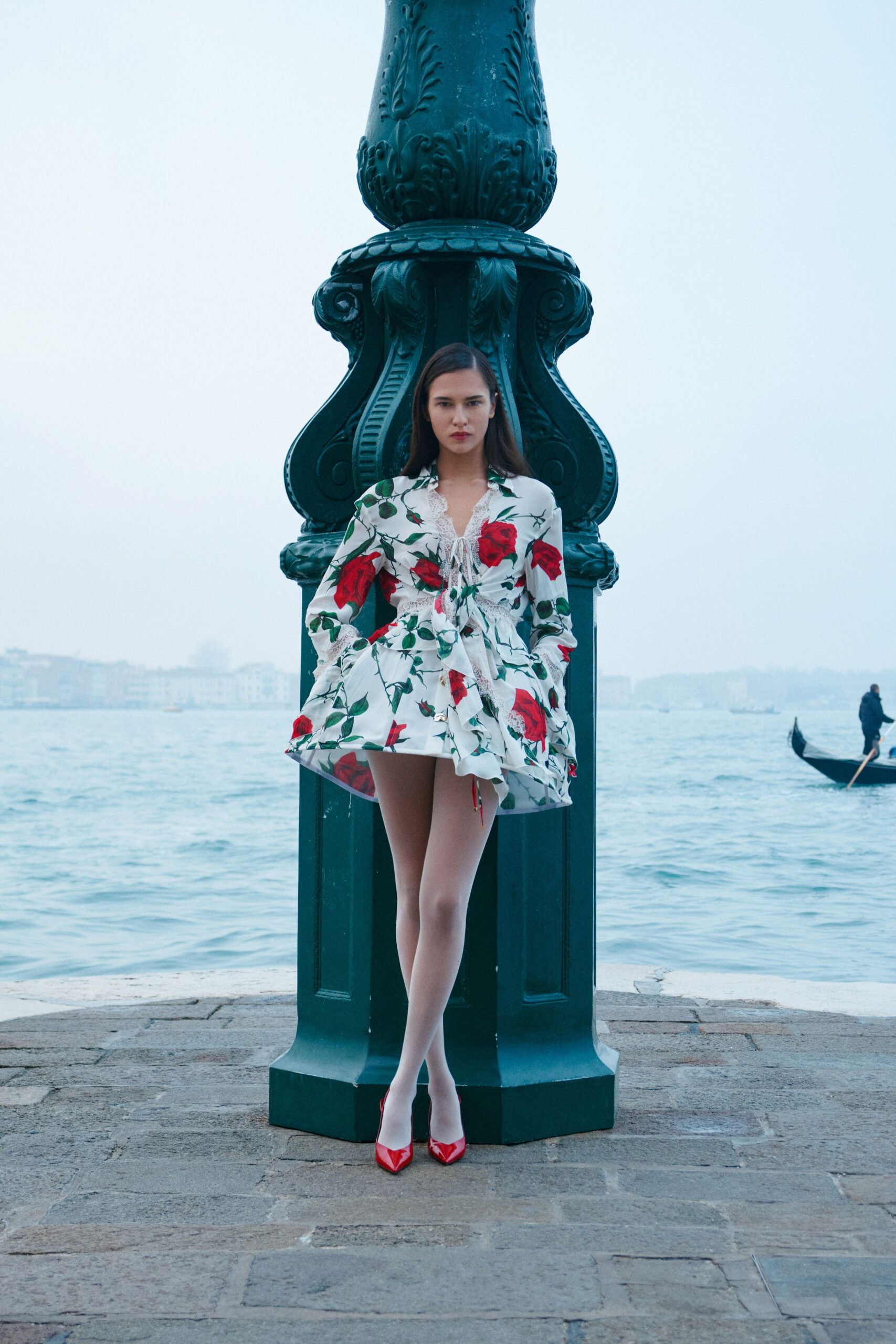 white cotton long-sleeve v-neck fitted floral tiered dress