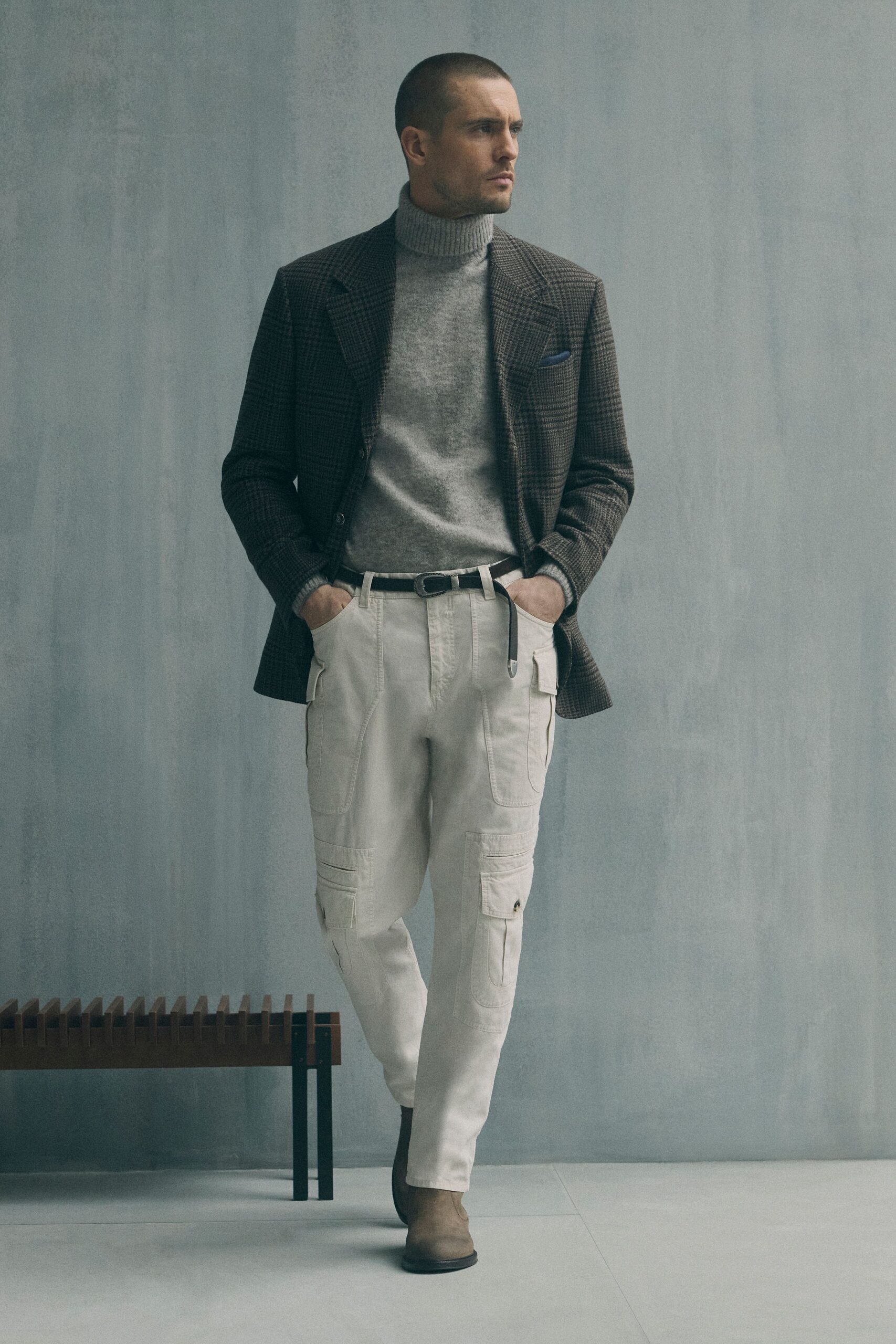 brown checked blazer with gray sweater