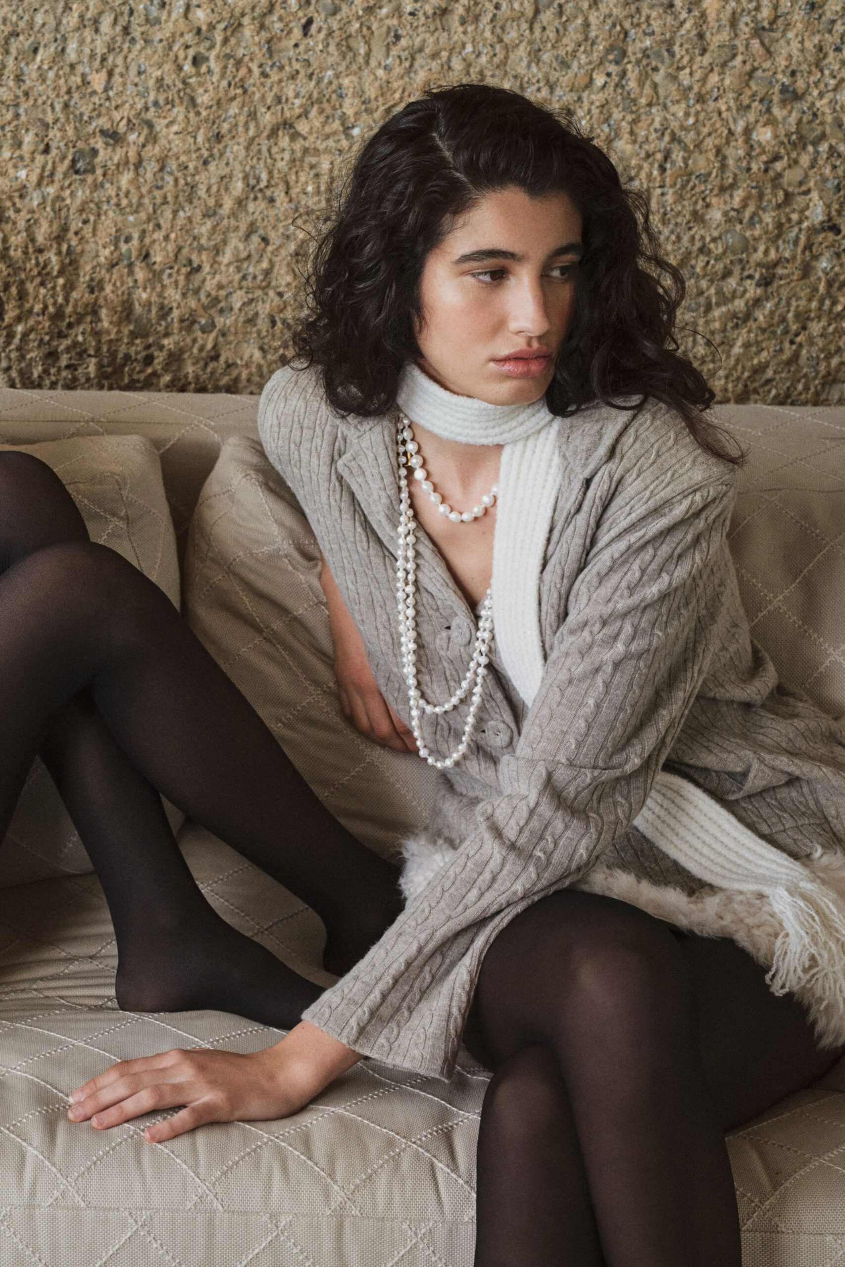 gray wool relaxed cardigan with white scarf