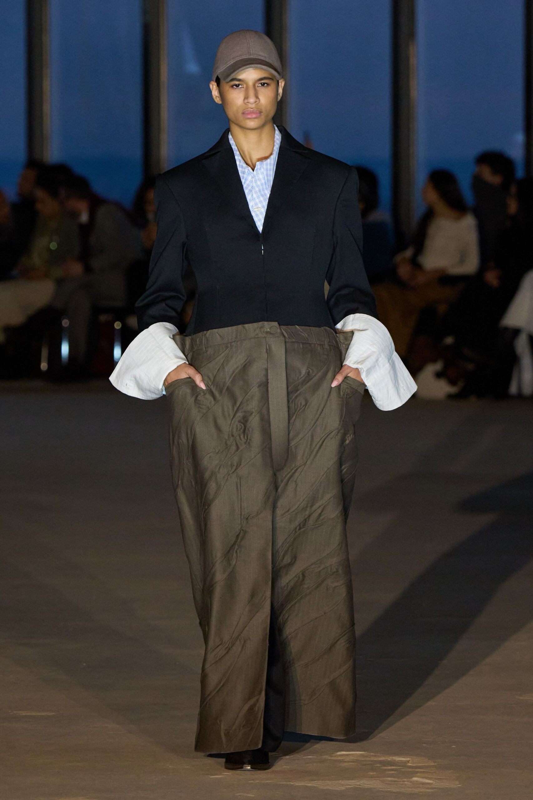 black blazer blue shirt brown pants