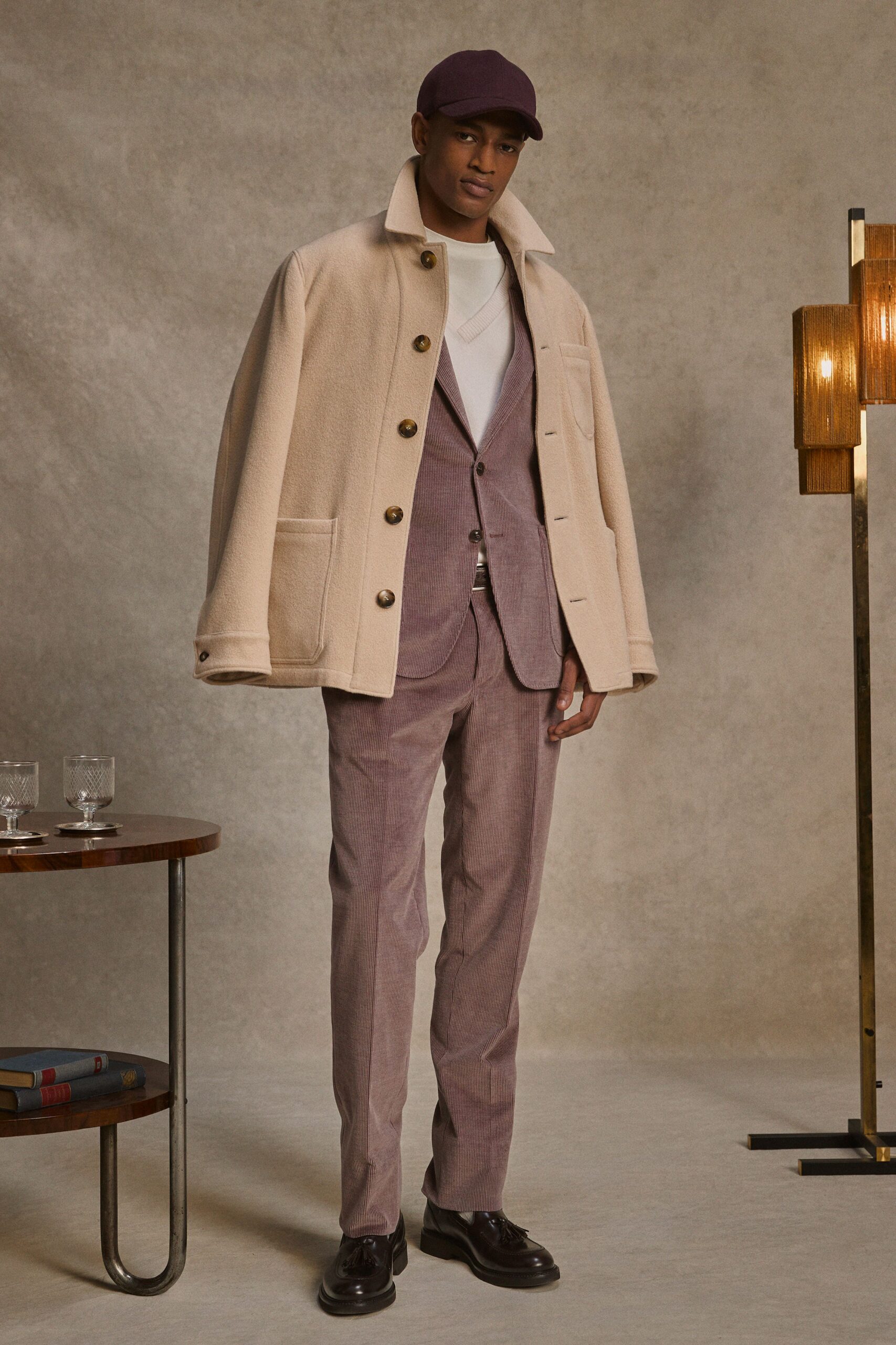 purple cotton long-sleeve collared tailored buttoned pencil suit
