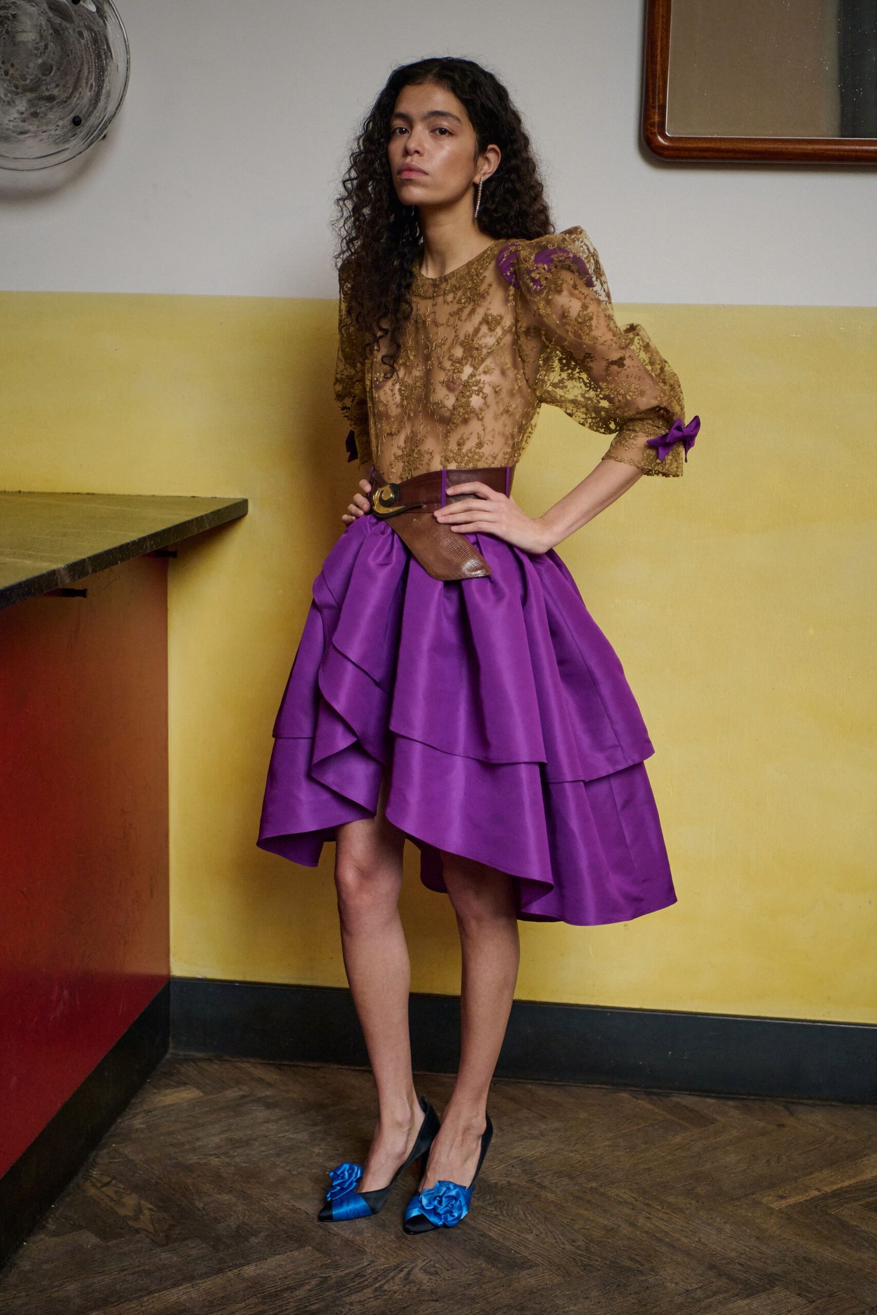 purple silk fitted tiered flared short skirt