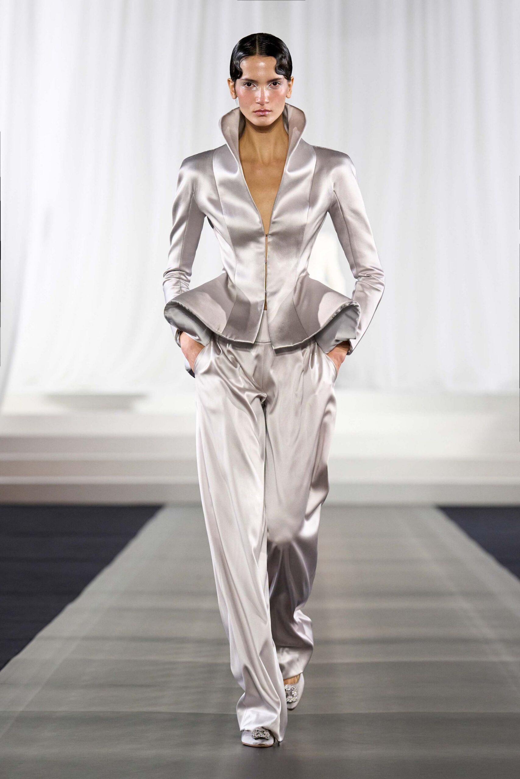 gray satin long-sleeve v-neck structured zippered shiny blazer