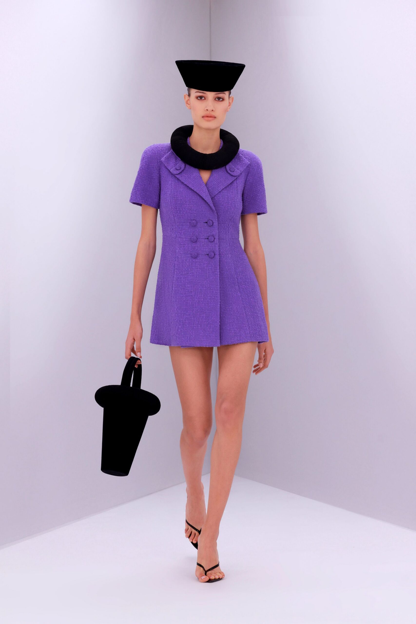 purple tweed short-sleeve collared fitted buttoned a-line dress