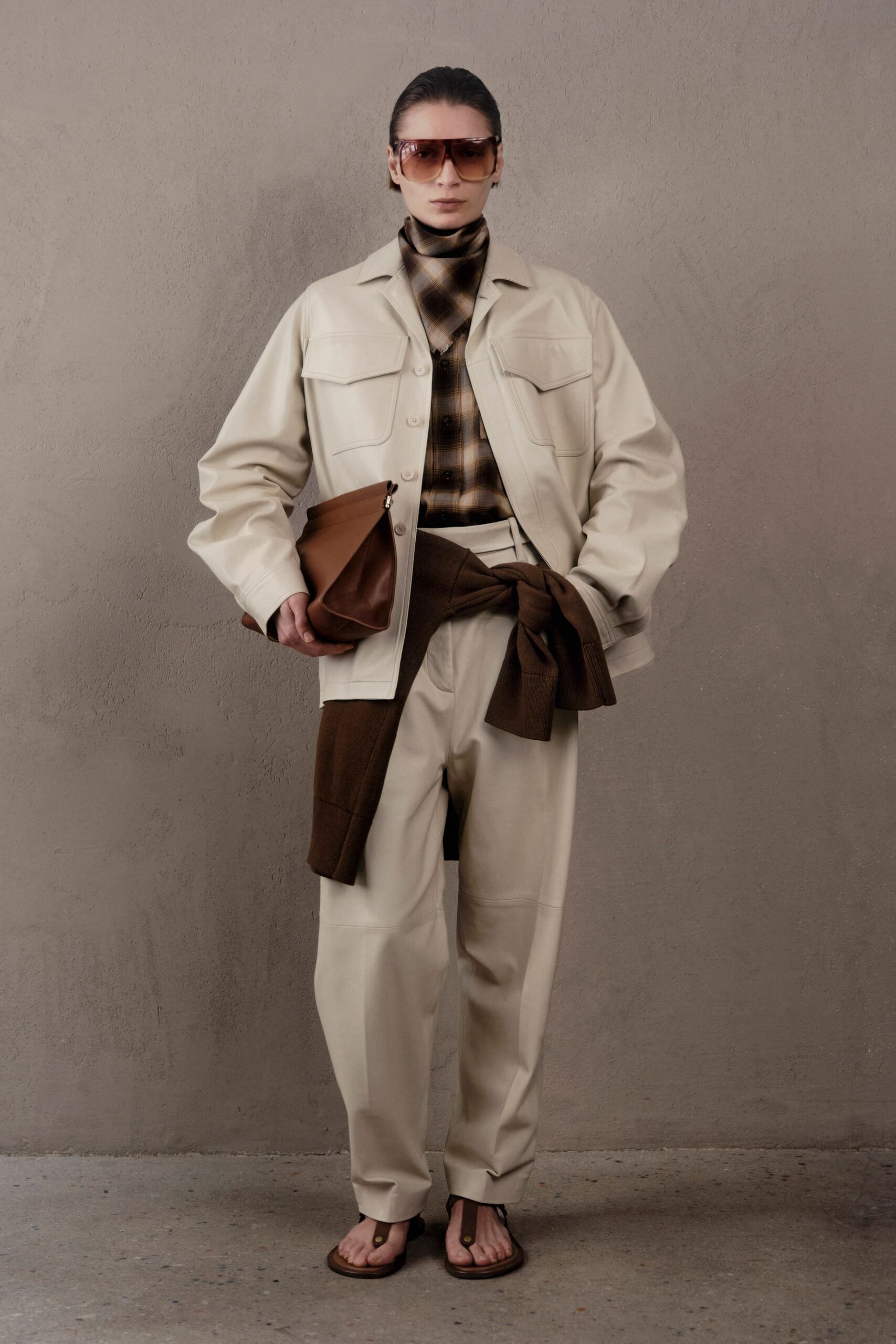 beige relaxed jacket with brown top