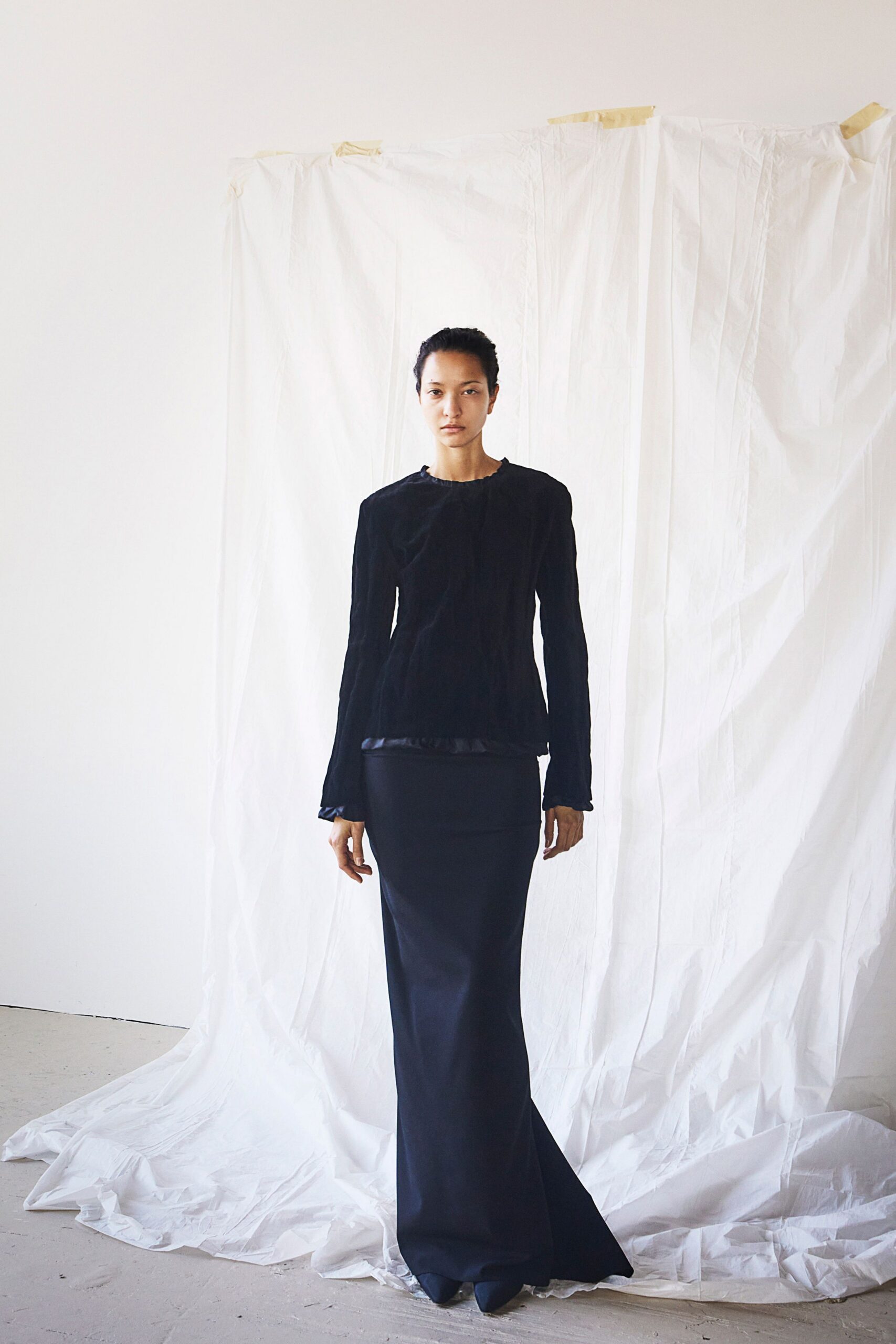 black velvet fitted straight-leg maxi skirt